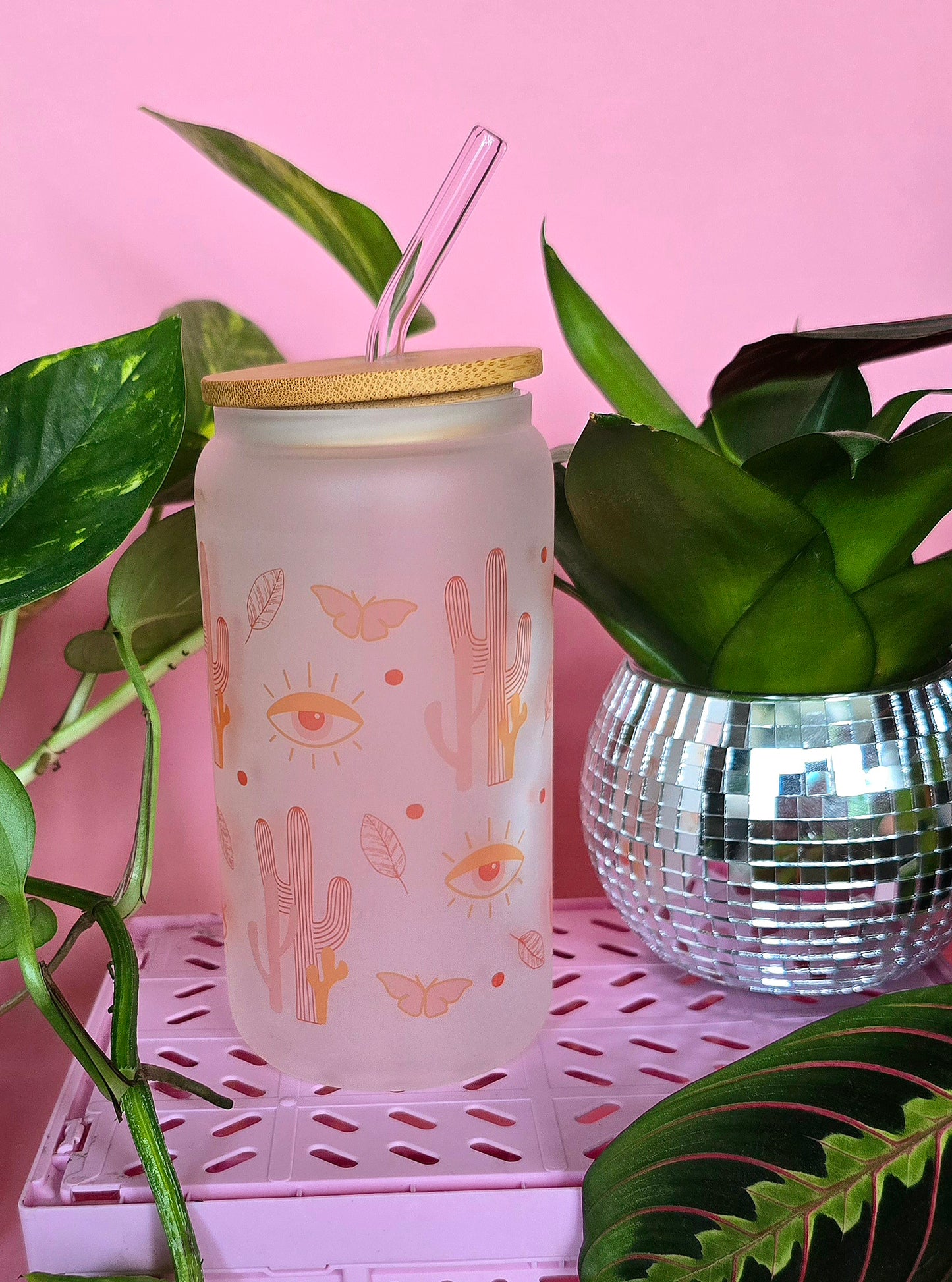 Boho Western Style Glass Tumbler With Bamboo Lid and Straw