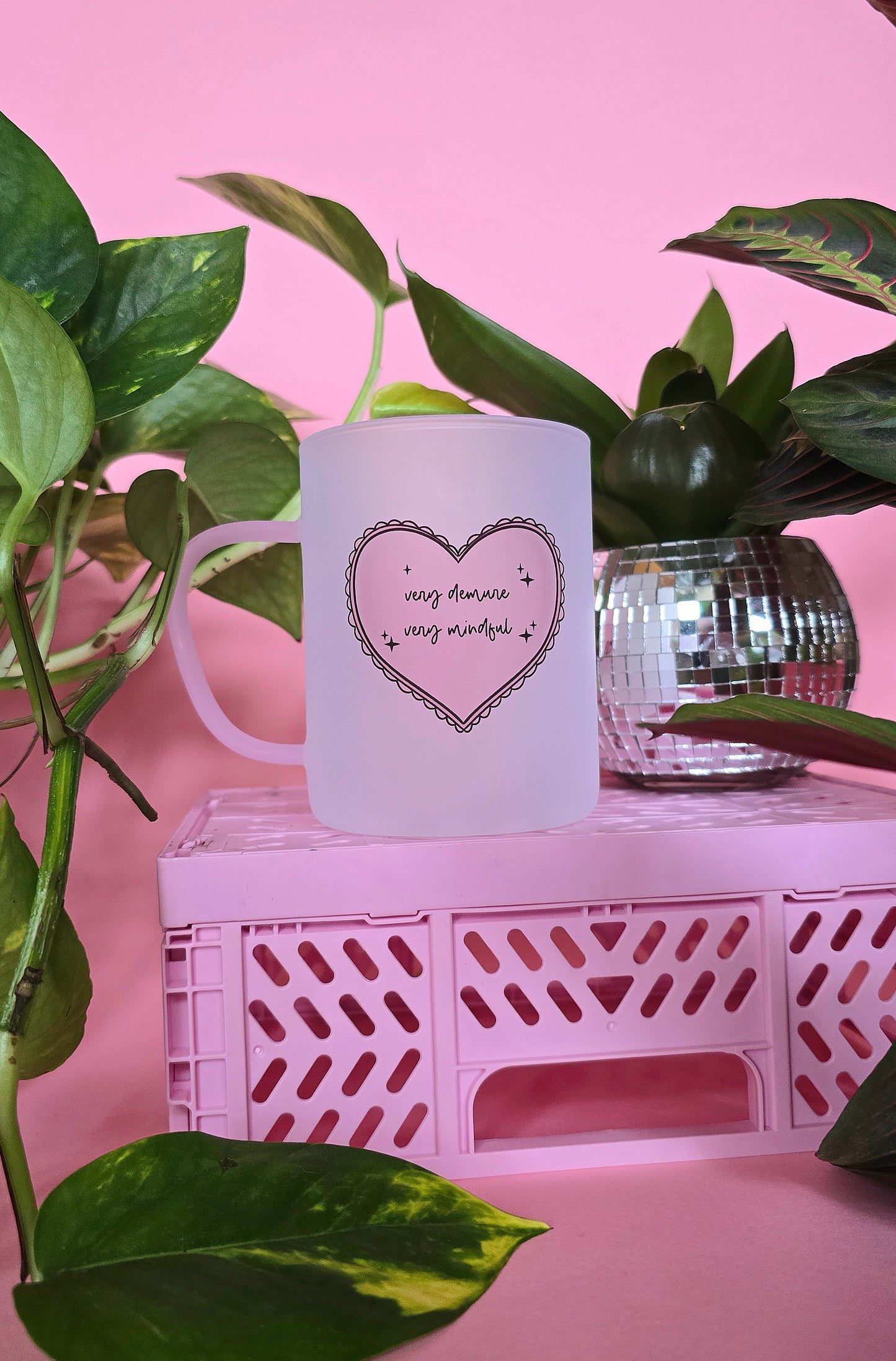 Very Demure Very Mindful | Pink Handled Frosted Glass Mug