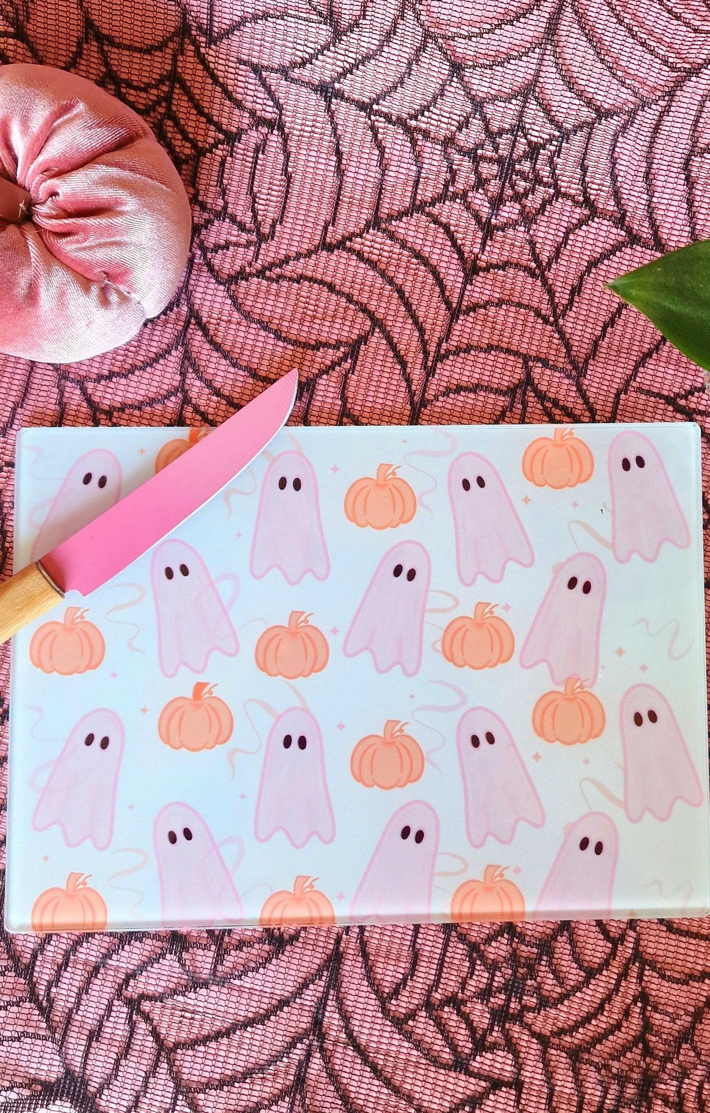 Pink Ghosties & Pumpkin Glass Chopping Board