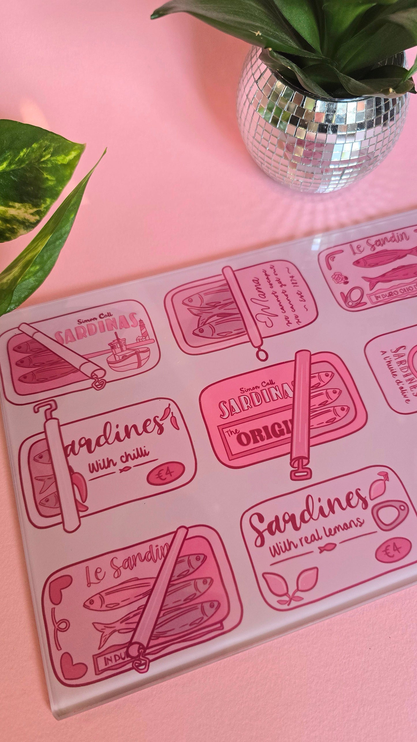 Pink Sardine Tin Glass Chopping Board