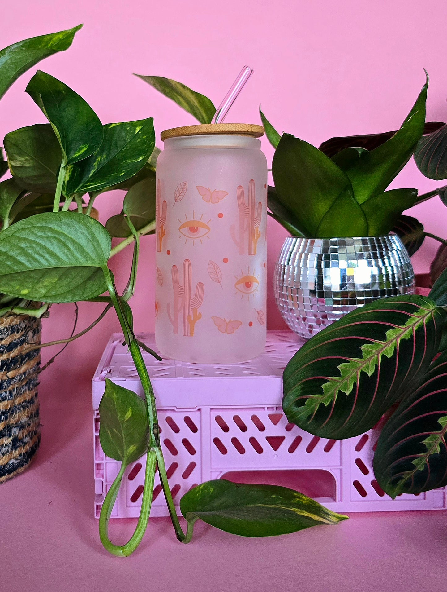 Boho Western Style Glass Tumbler With Bamboo Lid and Straw