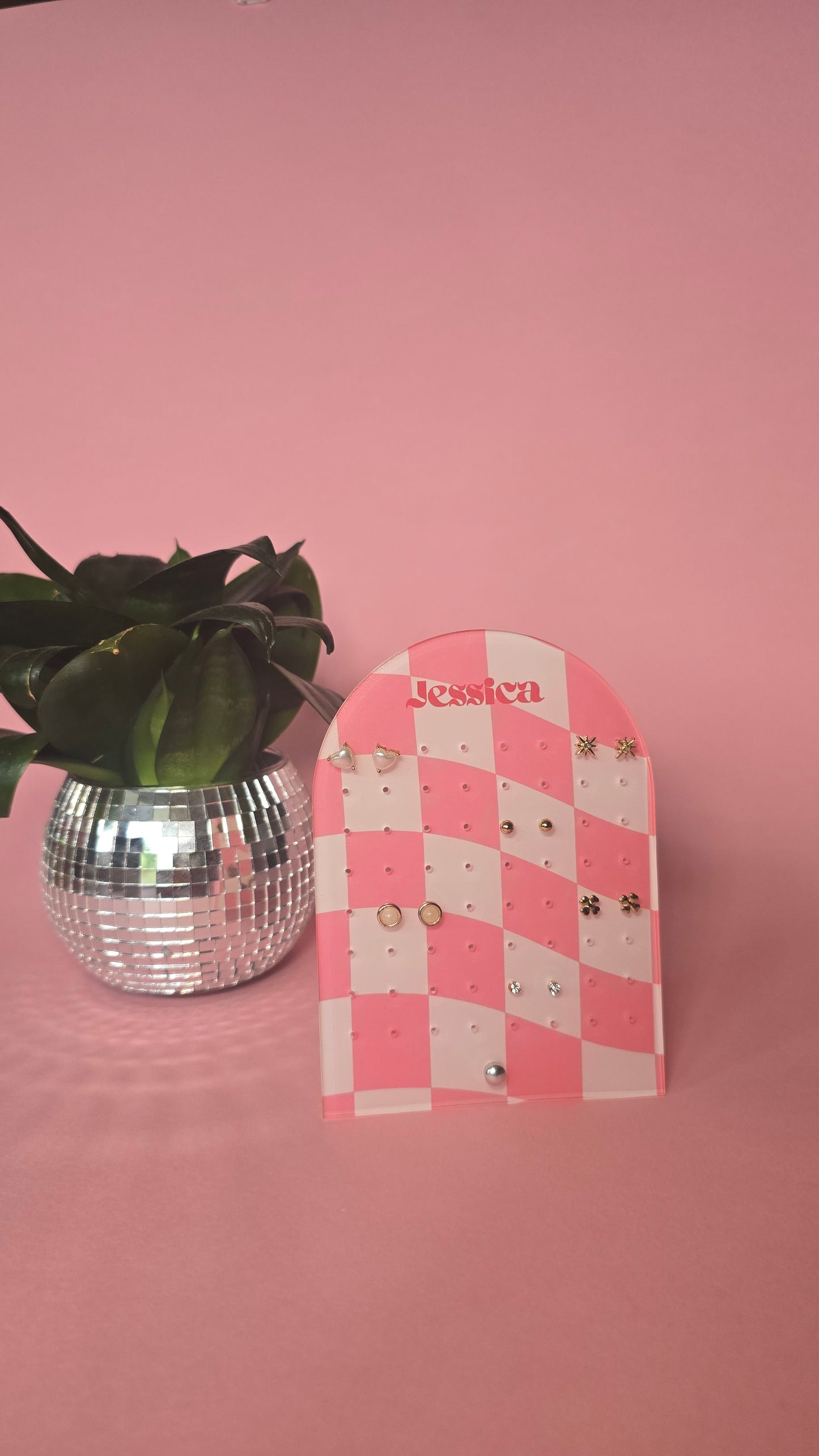 Earring Display Stand | Pink Check Personalised Stand | Holds 32 Pairs of Earrings | Stud Earring Jewelery Holder