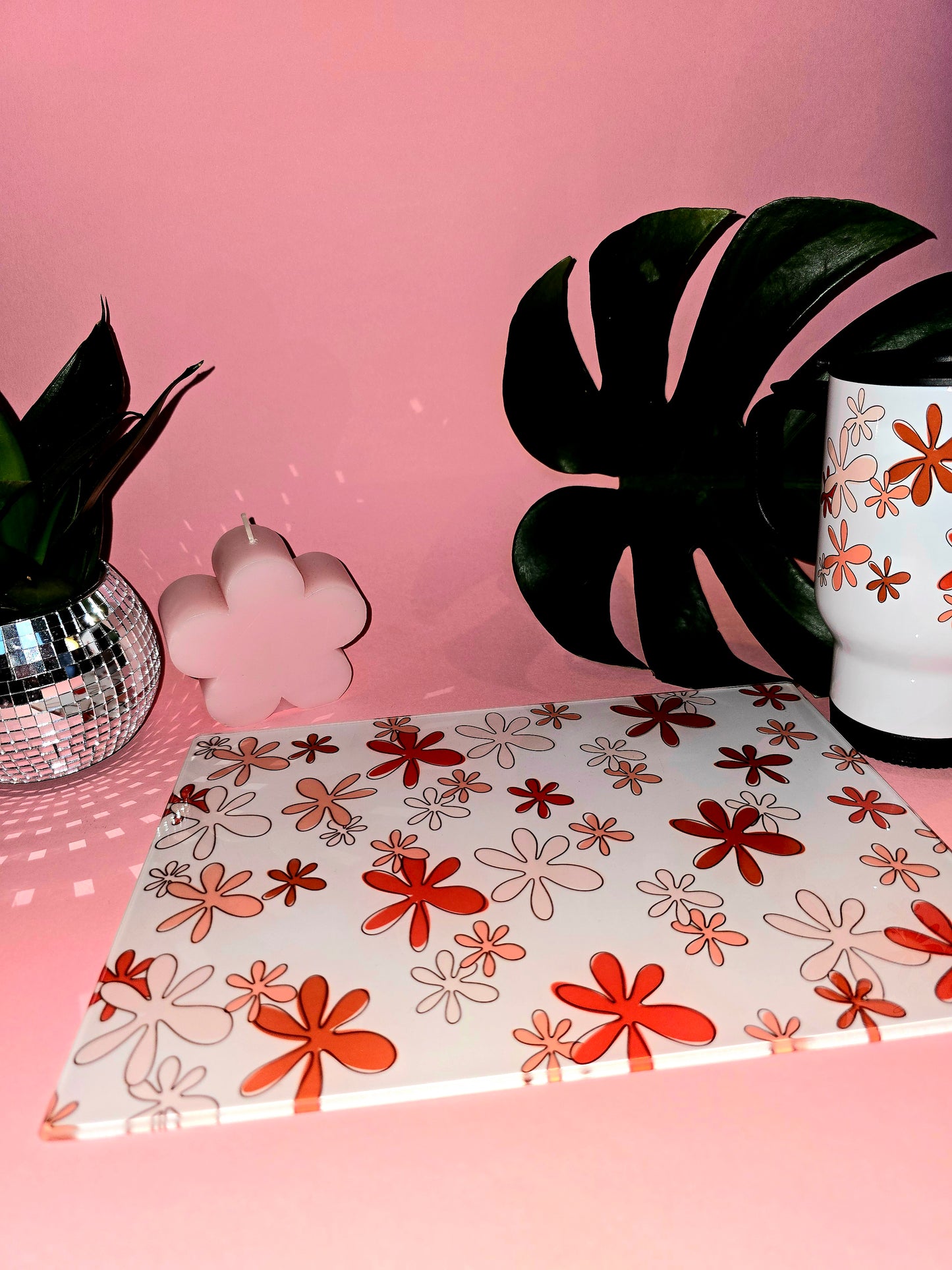 Retro Orange Flowers Glass Chopping Board