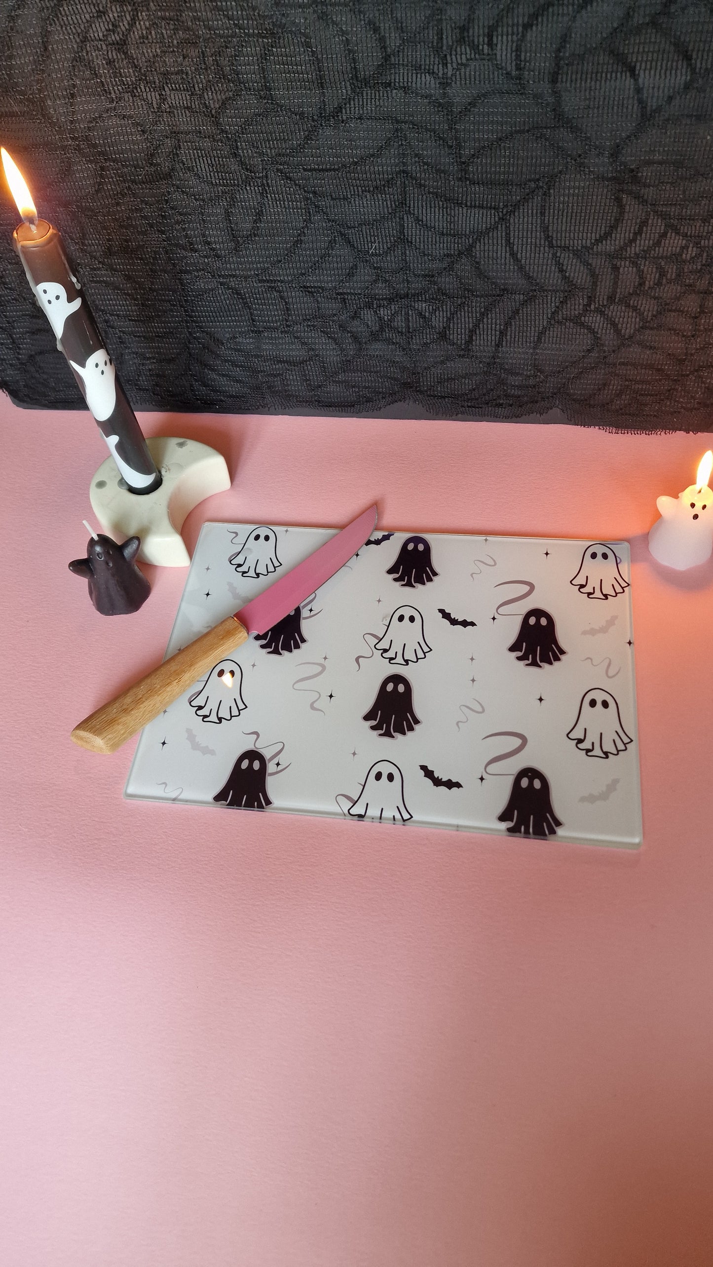 Monochrome Ghosties Glass Chopping Board