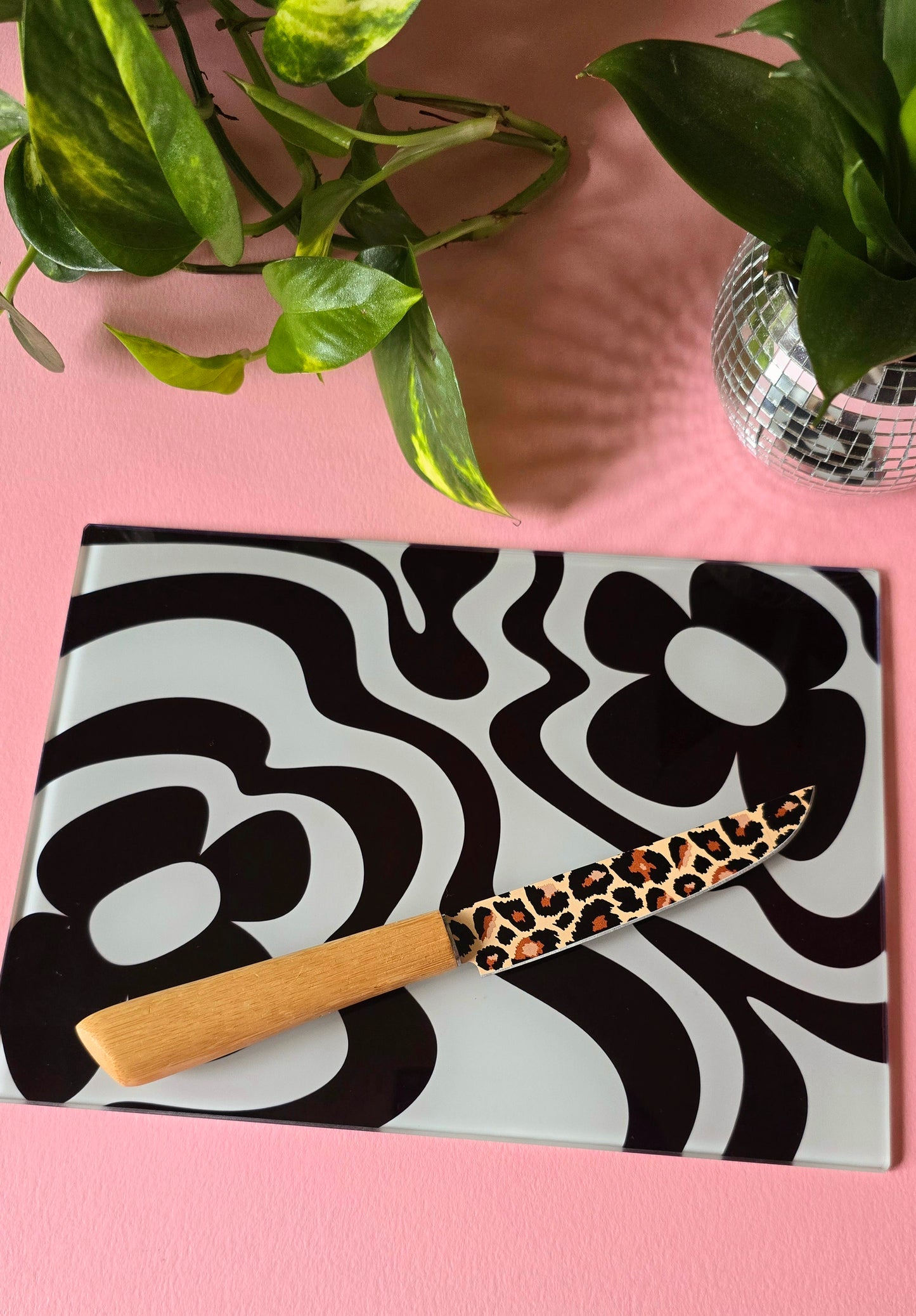 Monochrome Funky Vibey Glass Chopping Board