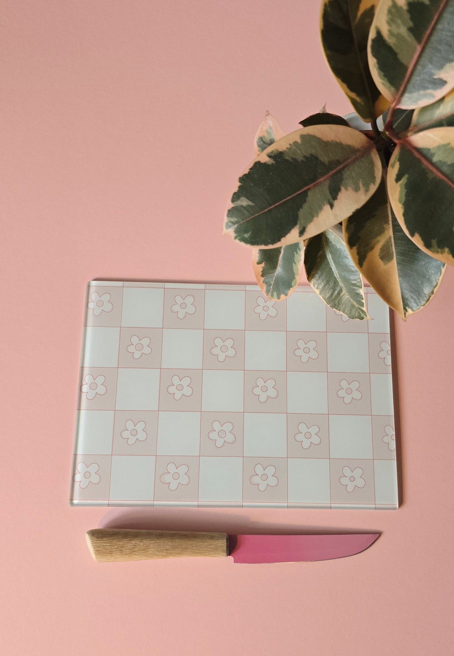 Pale Pink Flower Check Glass Chopping Board