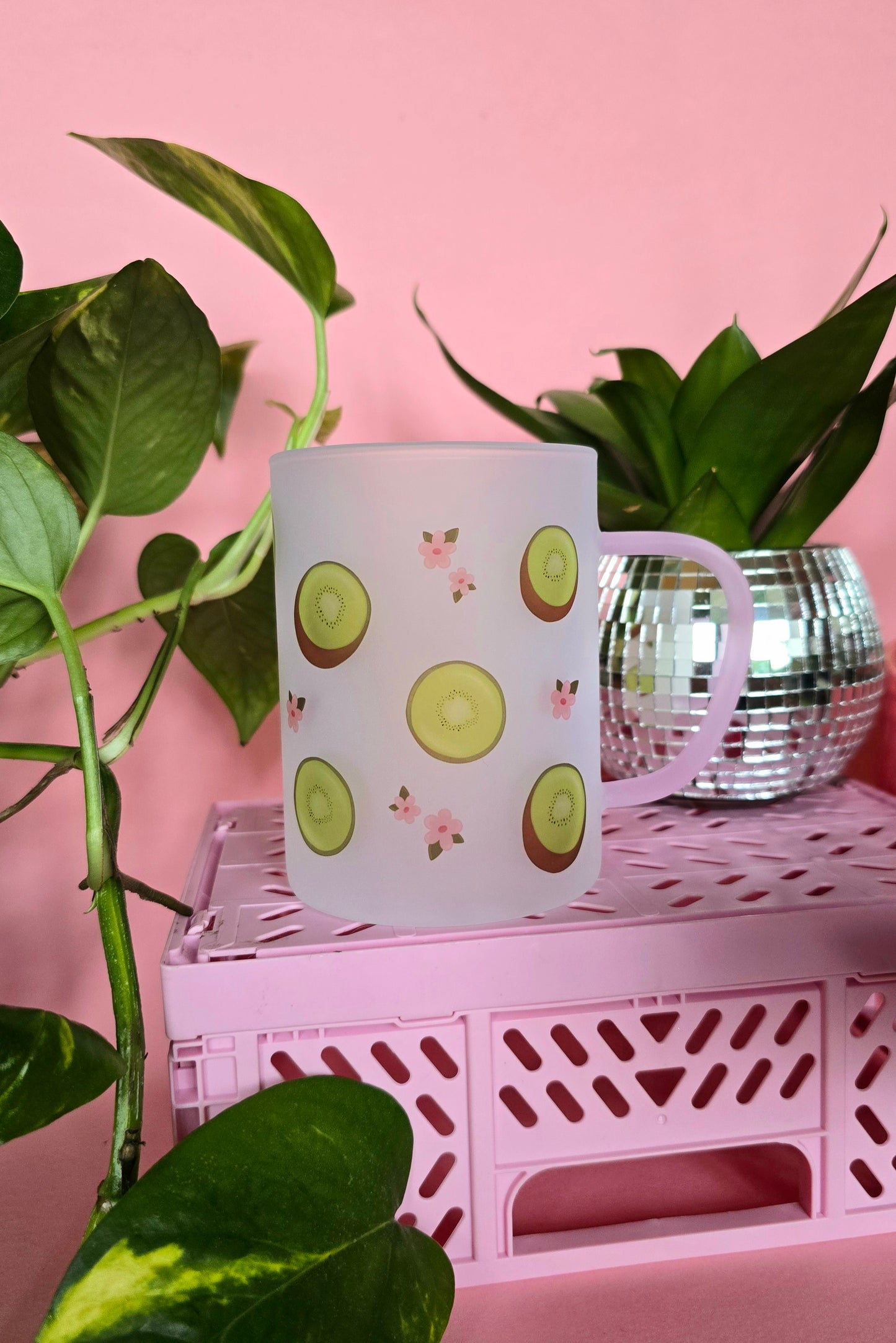 Kiwi & Flowers Cup Mug | Pink Handled Frosted Glass Mug