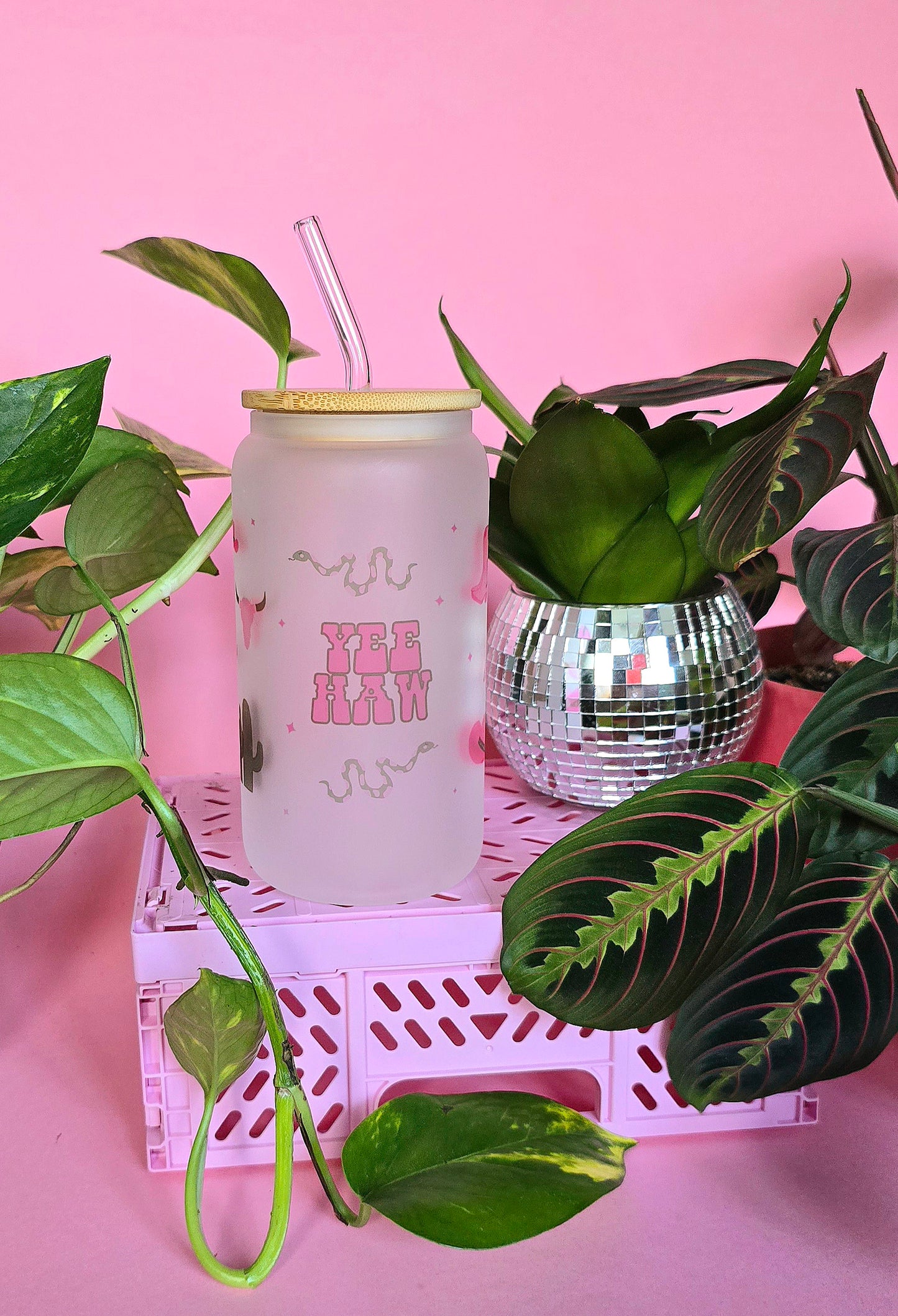 Pink & Green Western Glass Tumbler With Bamboo Lid and Straw