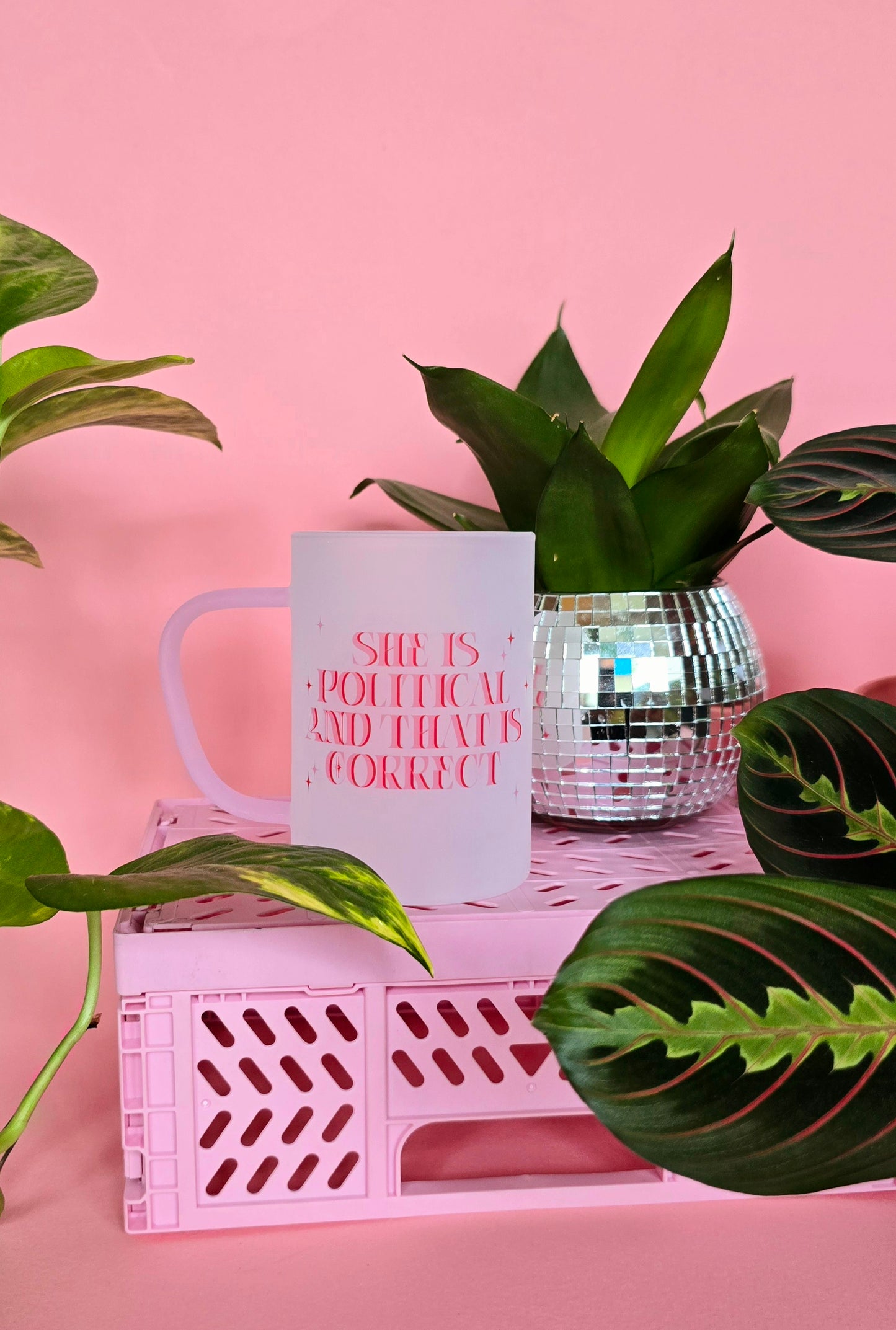 She is Political Mug | Pink Handled Frosted Glass Mug