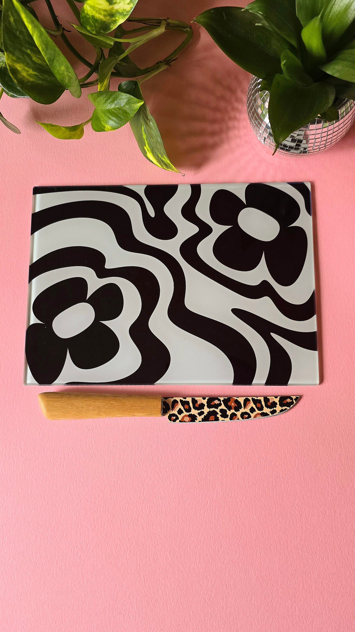 Monochrome Funky Vibey Glass Chopping Board