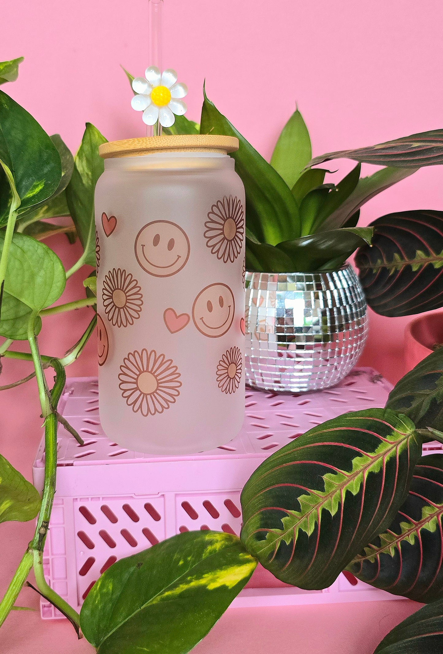 Smileys & Flowers | 16oz glass can tumbler