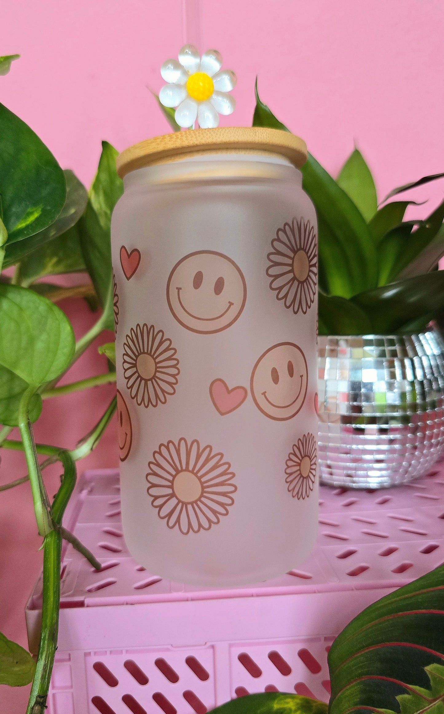 Smileys & Flowers | 16oz glass can tumbler