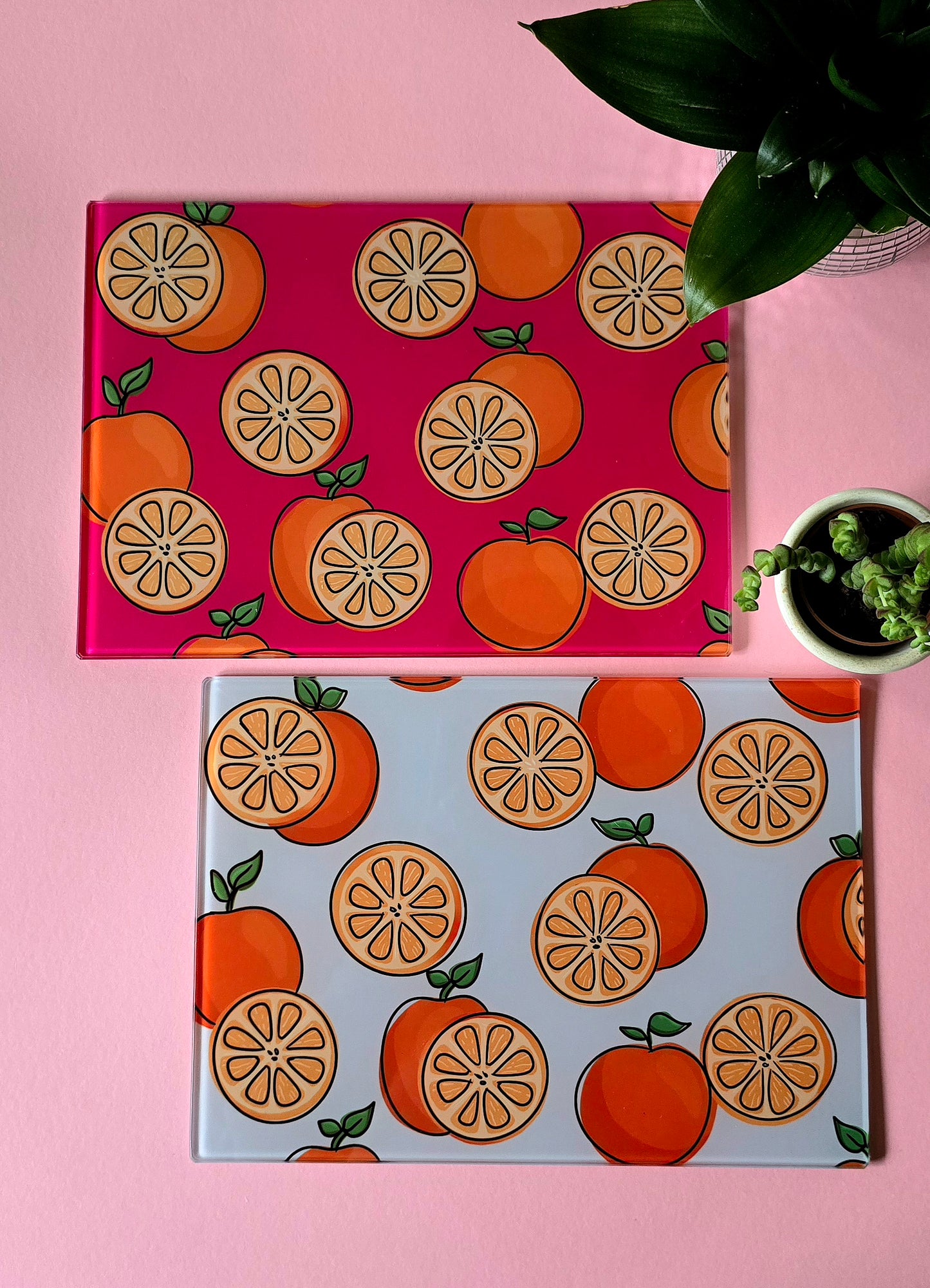 Fruity Oranges On Blue Glass Chopping Board