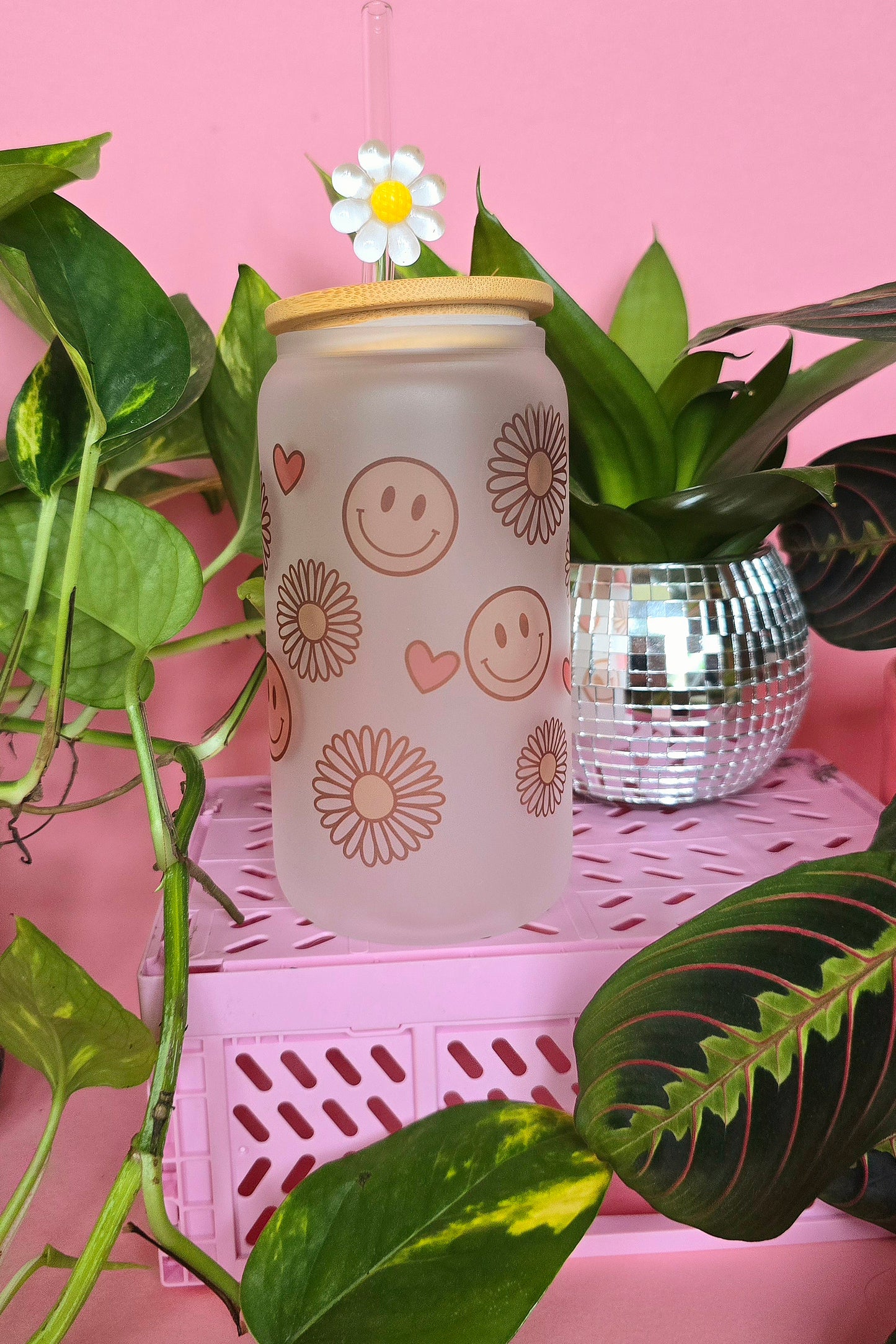 Smileys & Flowers | 16oz glass can tumbler