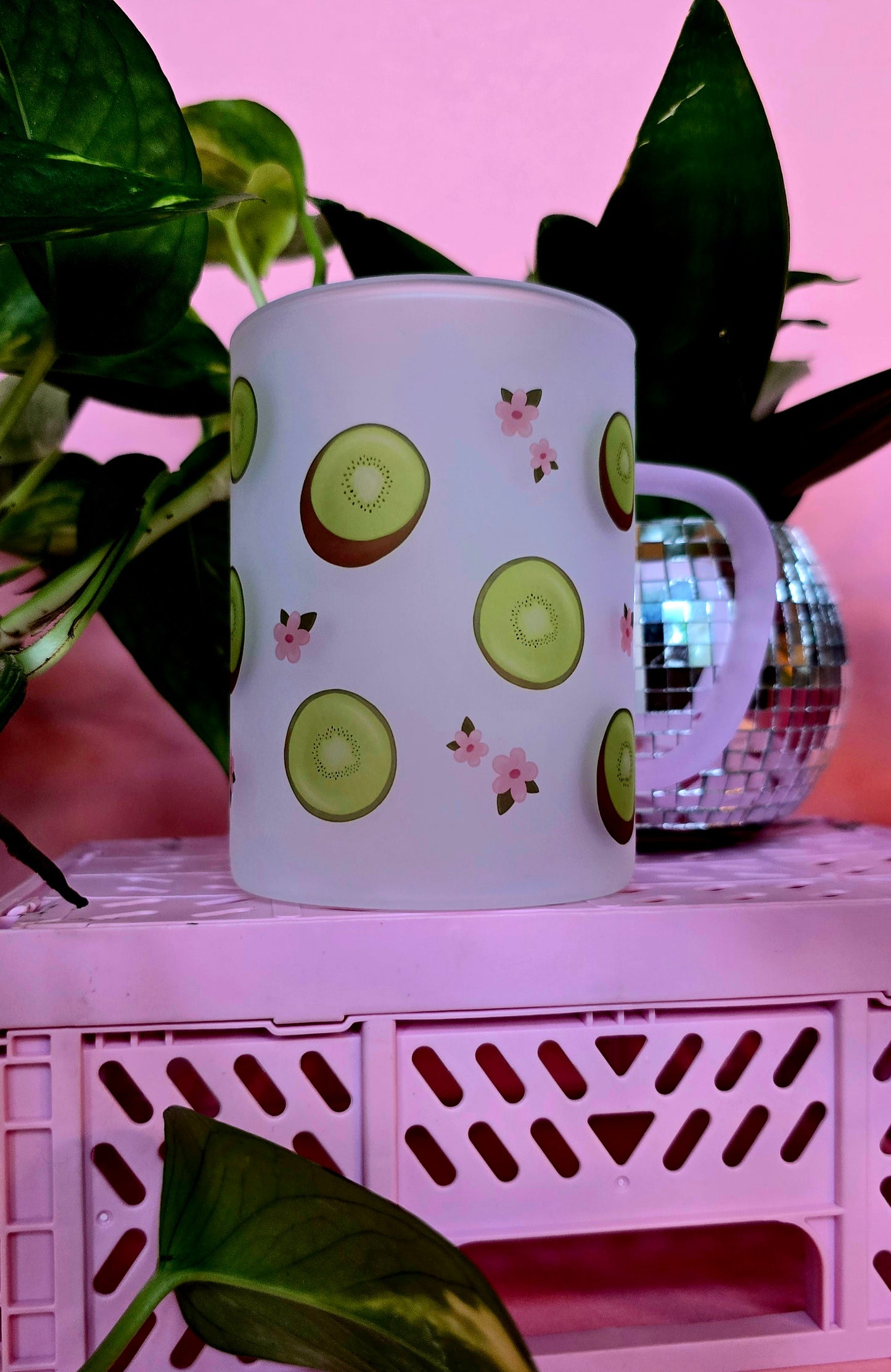 Kiwi & Flowers Cup Mug | Pink Handled Frosted Glass Mug