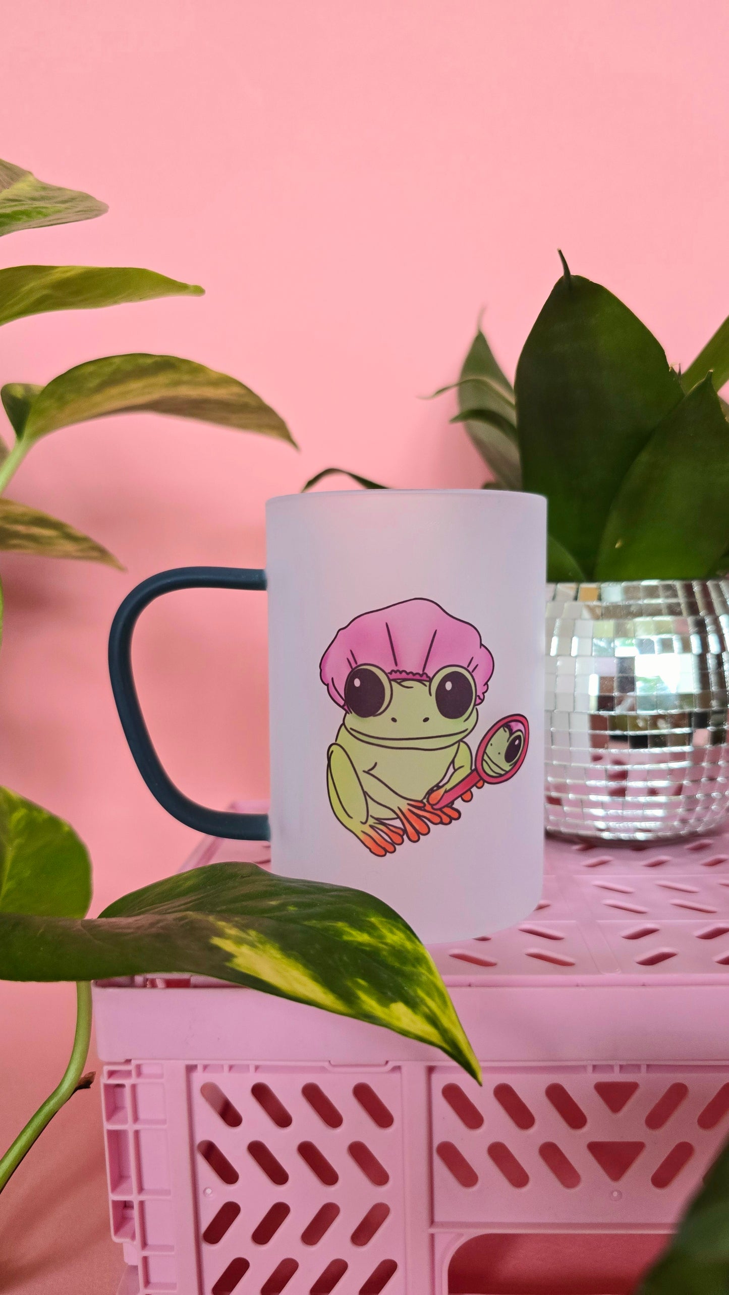 Self Care Frog Mug | Pink or Green Handled Frosted Glass Mug
