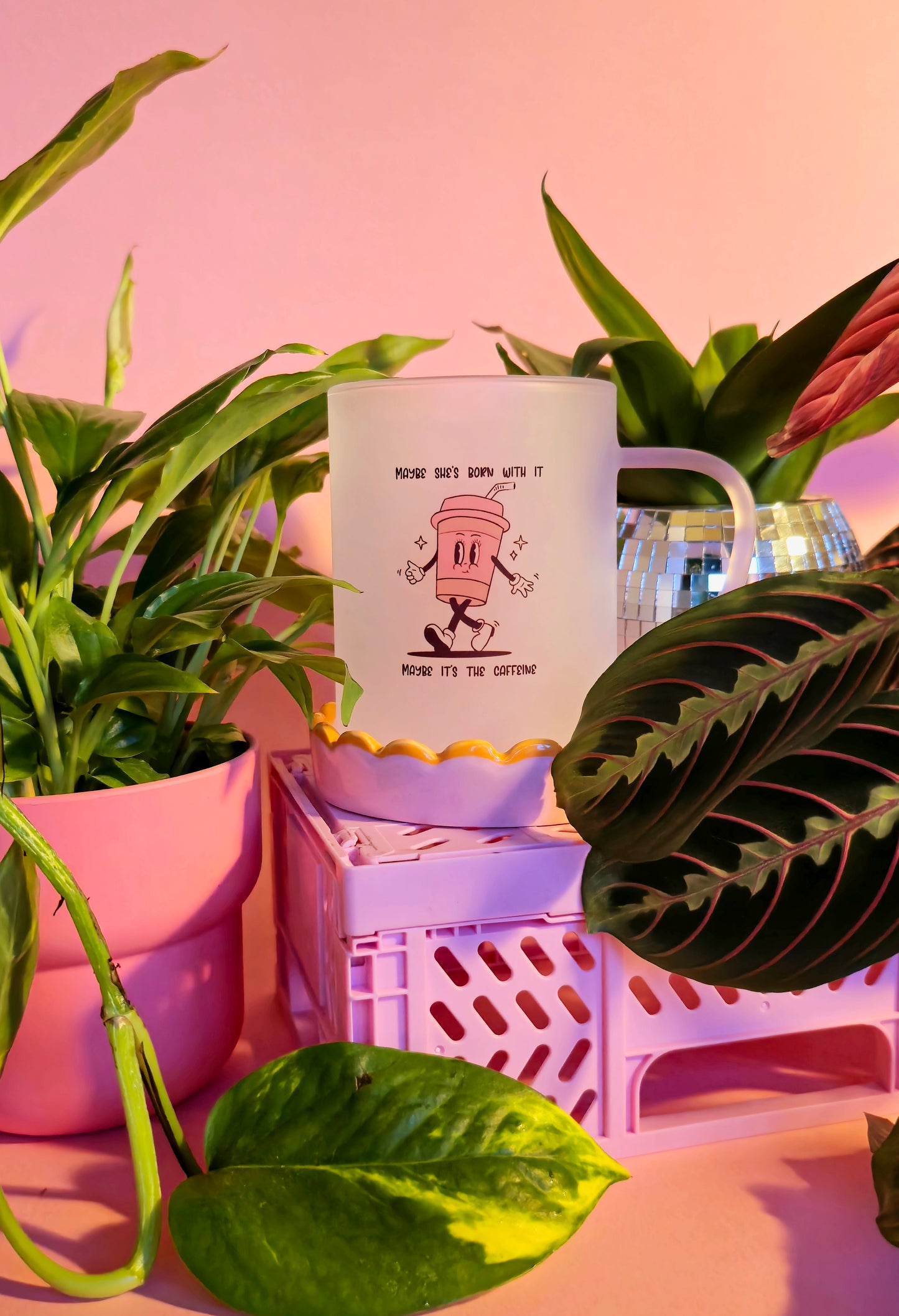 Caffiene Cup Mug | Pink Handled Frosted Glass Mug