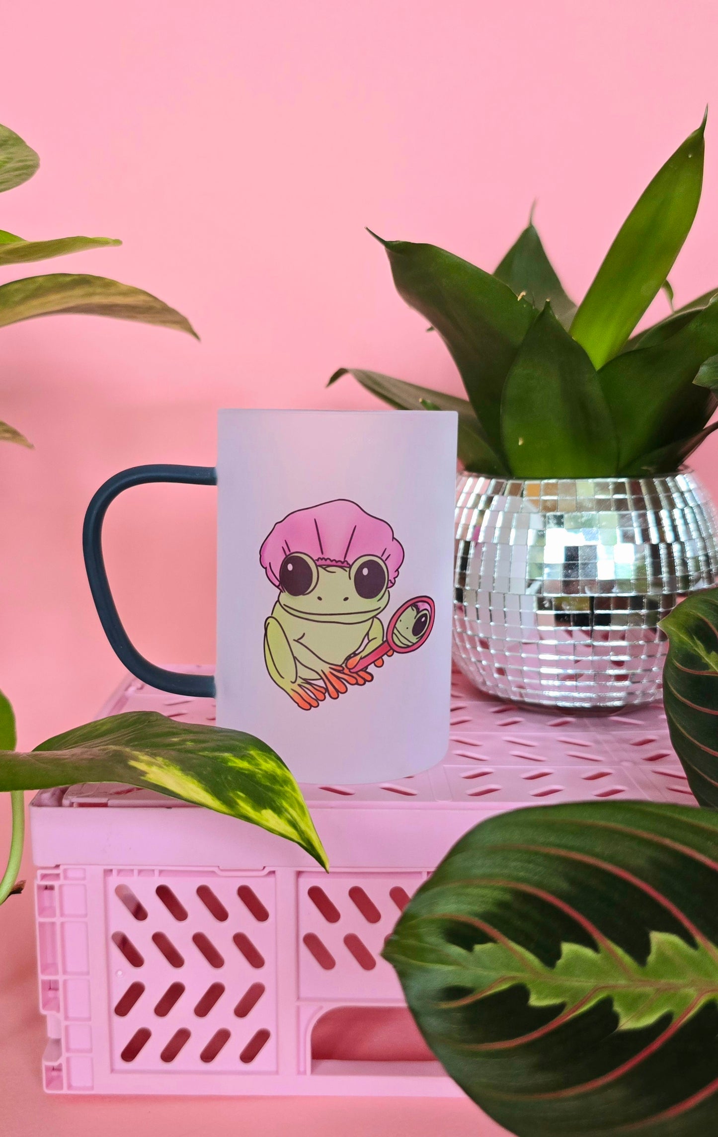 Self Care Frog Mug | Pink or Green Handled Frosted Glass Mug