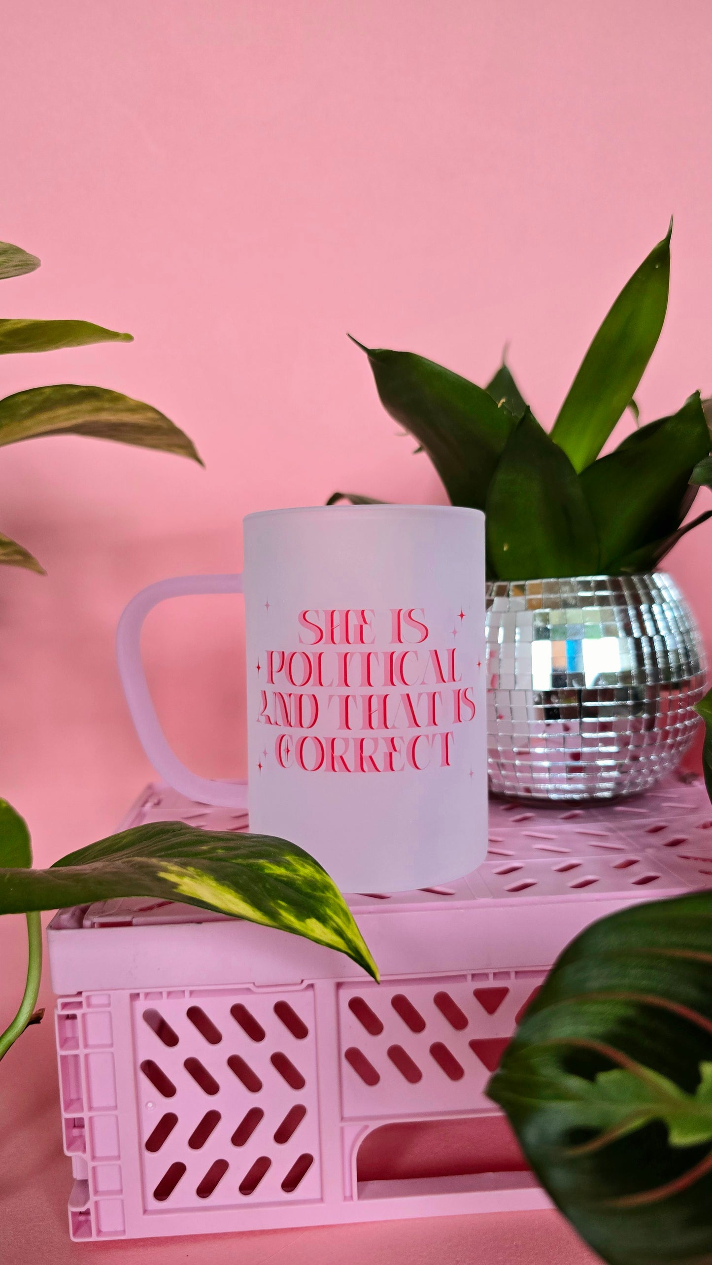 She is Political Mug | Pink Handled Frosted Glass Mug