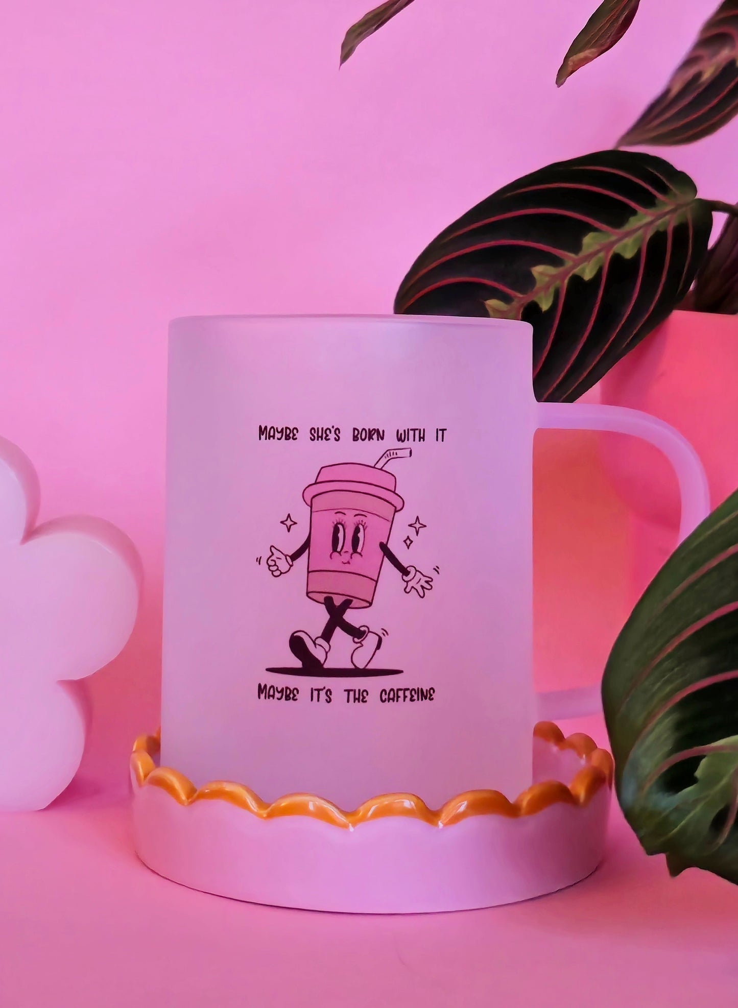 Caffiene Cup Mug | Pink Handled Frosted Glass Mug