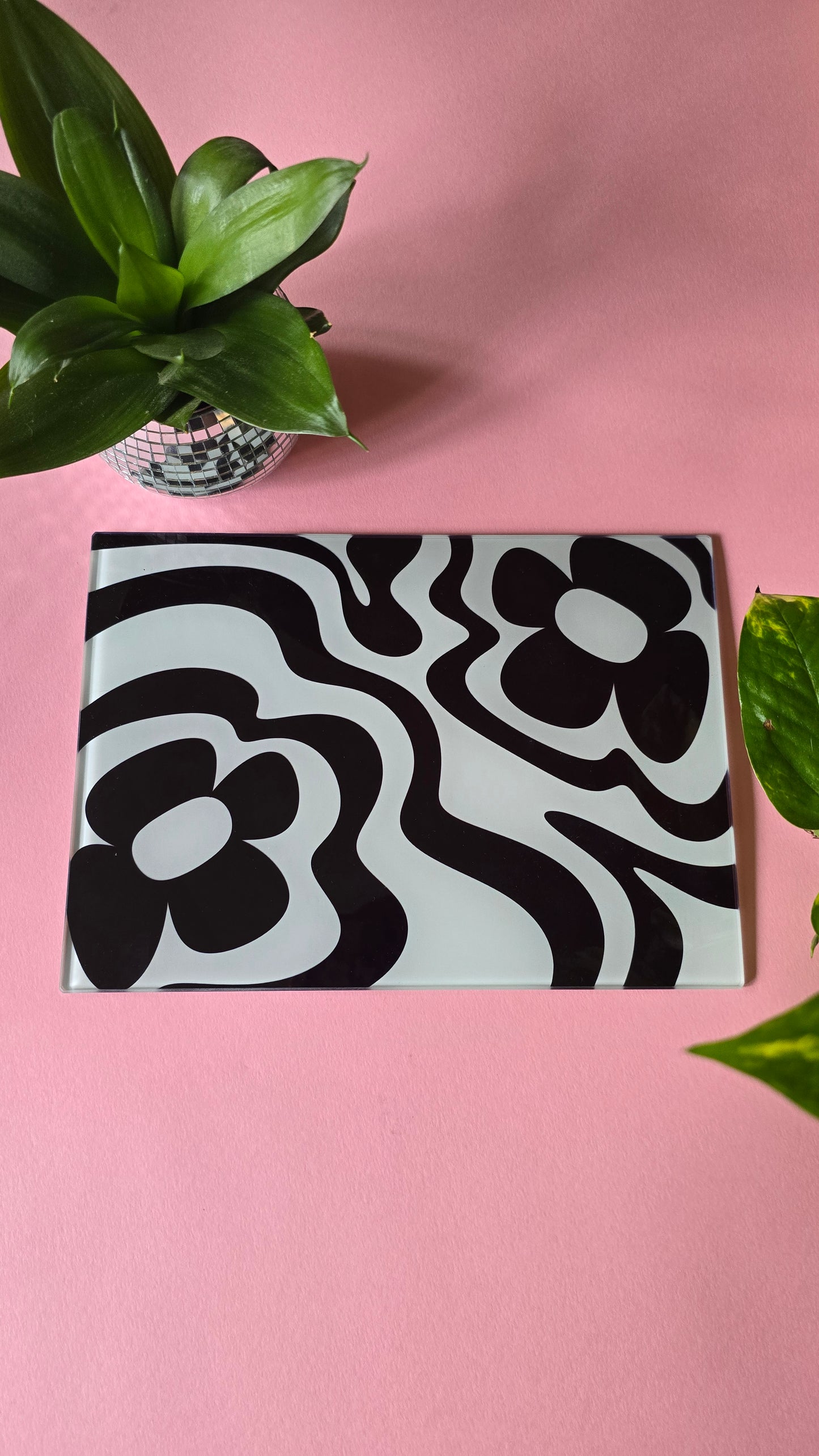 Monochrome Funky Vibey Glass Chopping Board