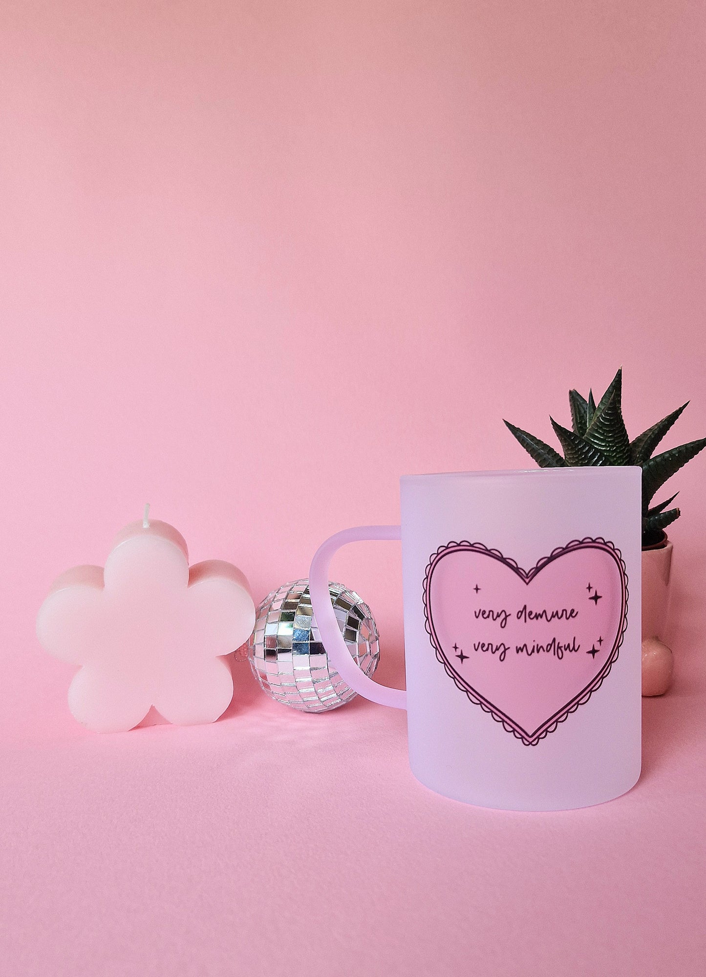 Very Demure Very Mindful | Pink Handled Frosted Glass Mug