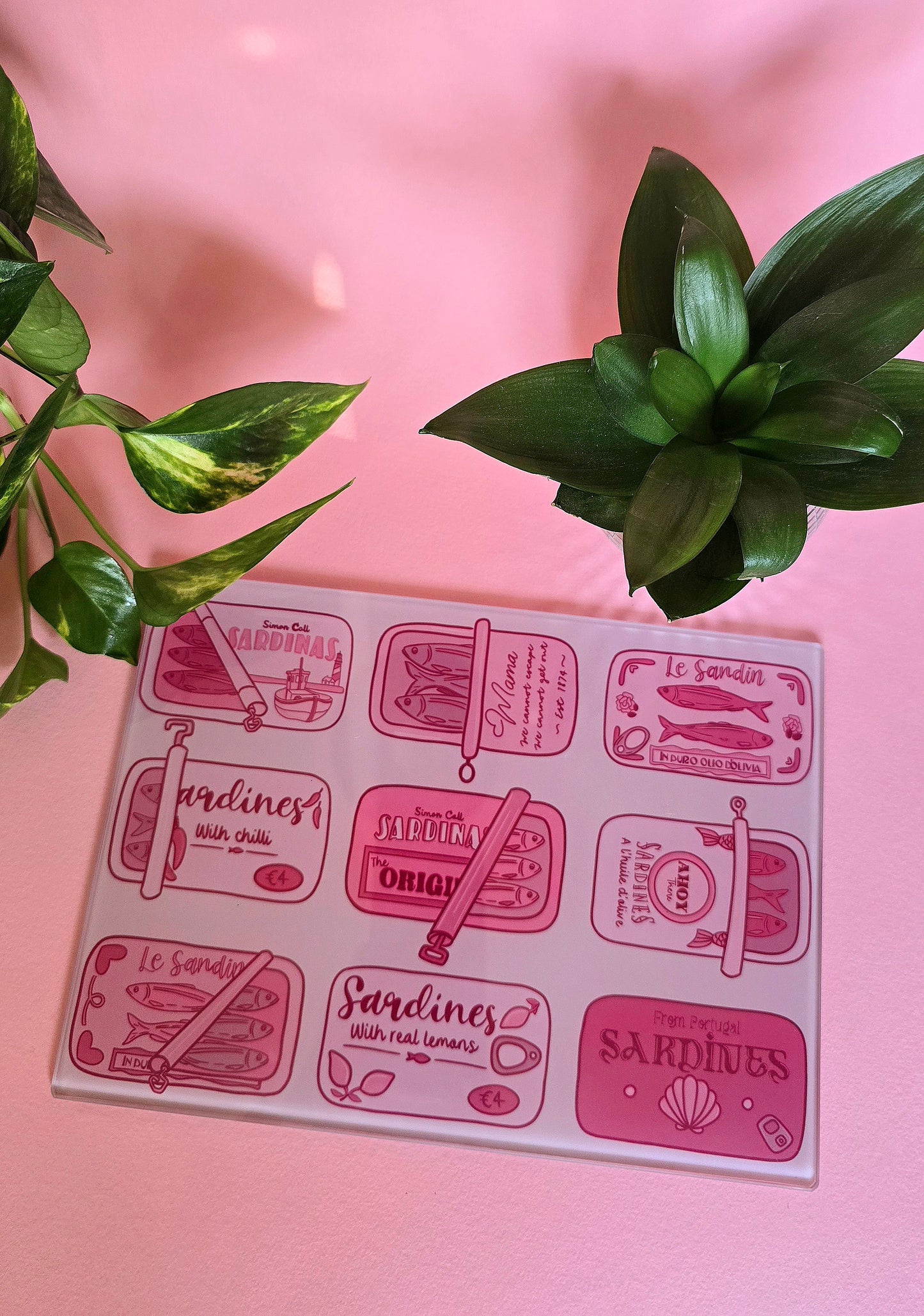 Pink Sardine Tin Glass Chopping Board