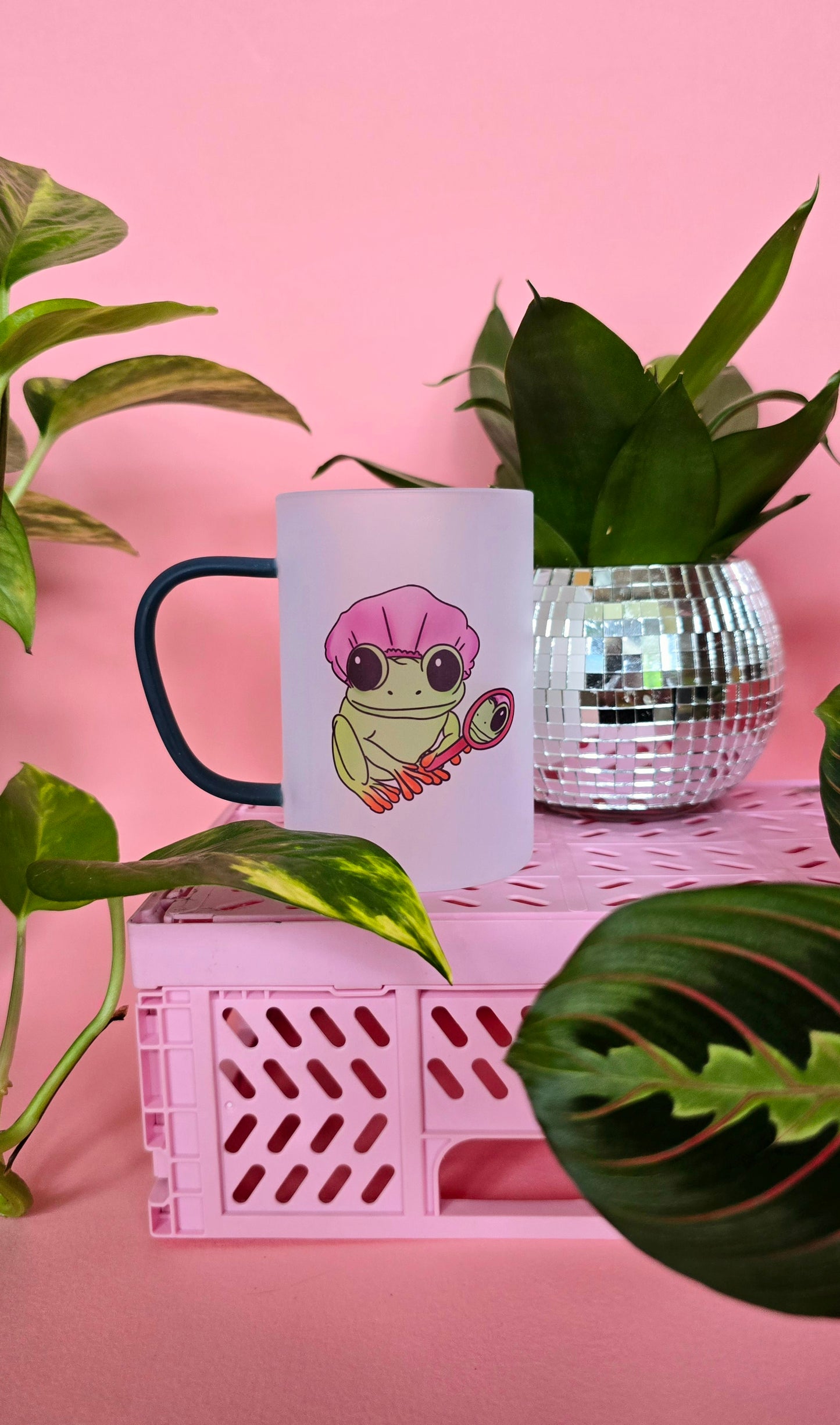 Self Care Frog Mug | Pink or Green Handled Frosted Glass Mug