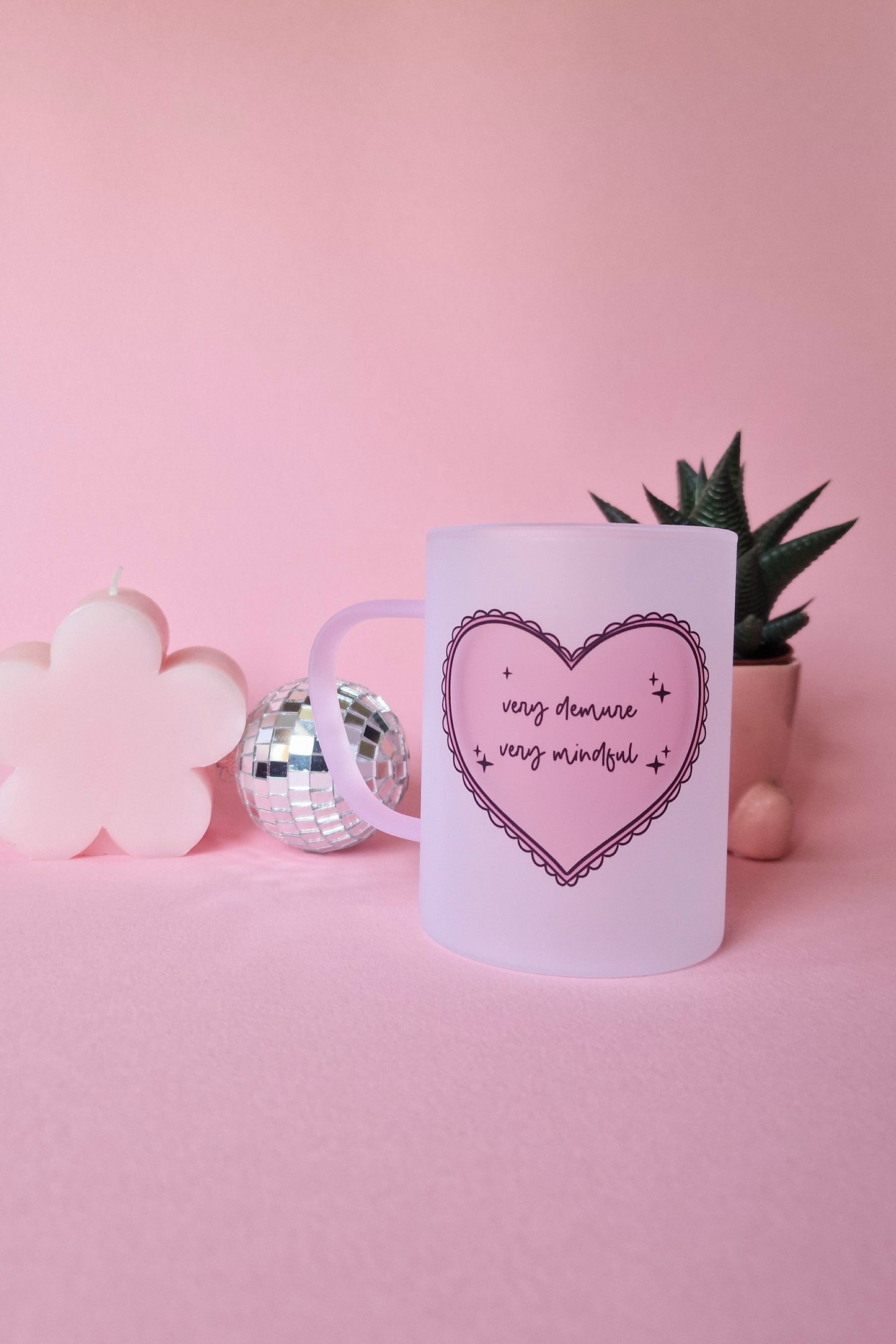Very Demure Very Mindful | Pink Handled Frosted Glass Mug