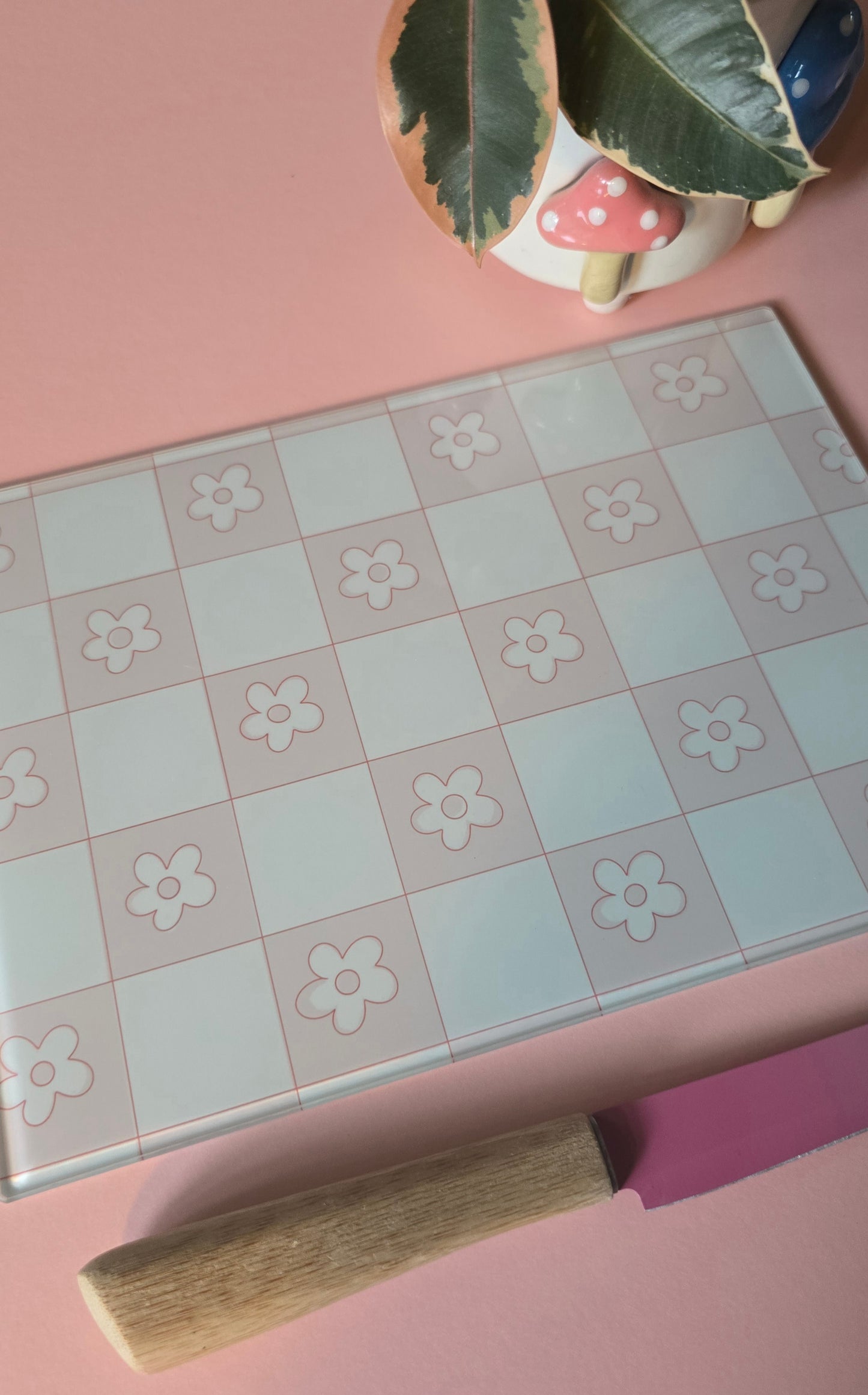 Pale Pink Flower Check Glass Chopping Board