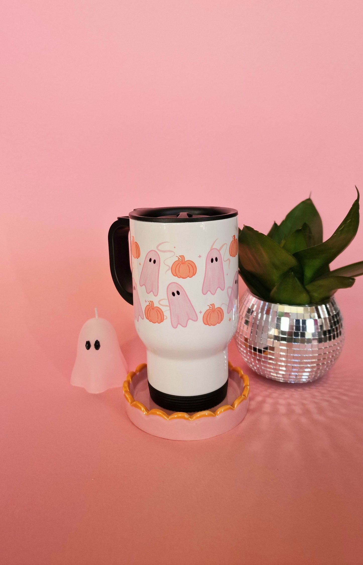 Pink Ghosties & Pumpkins Travel Mug