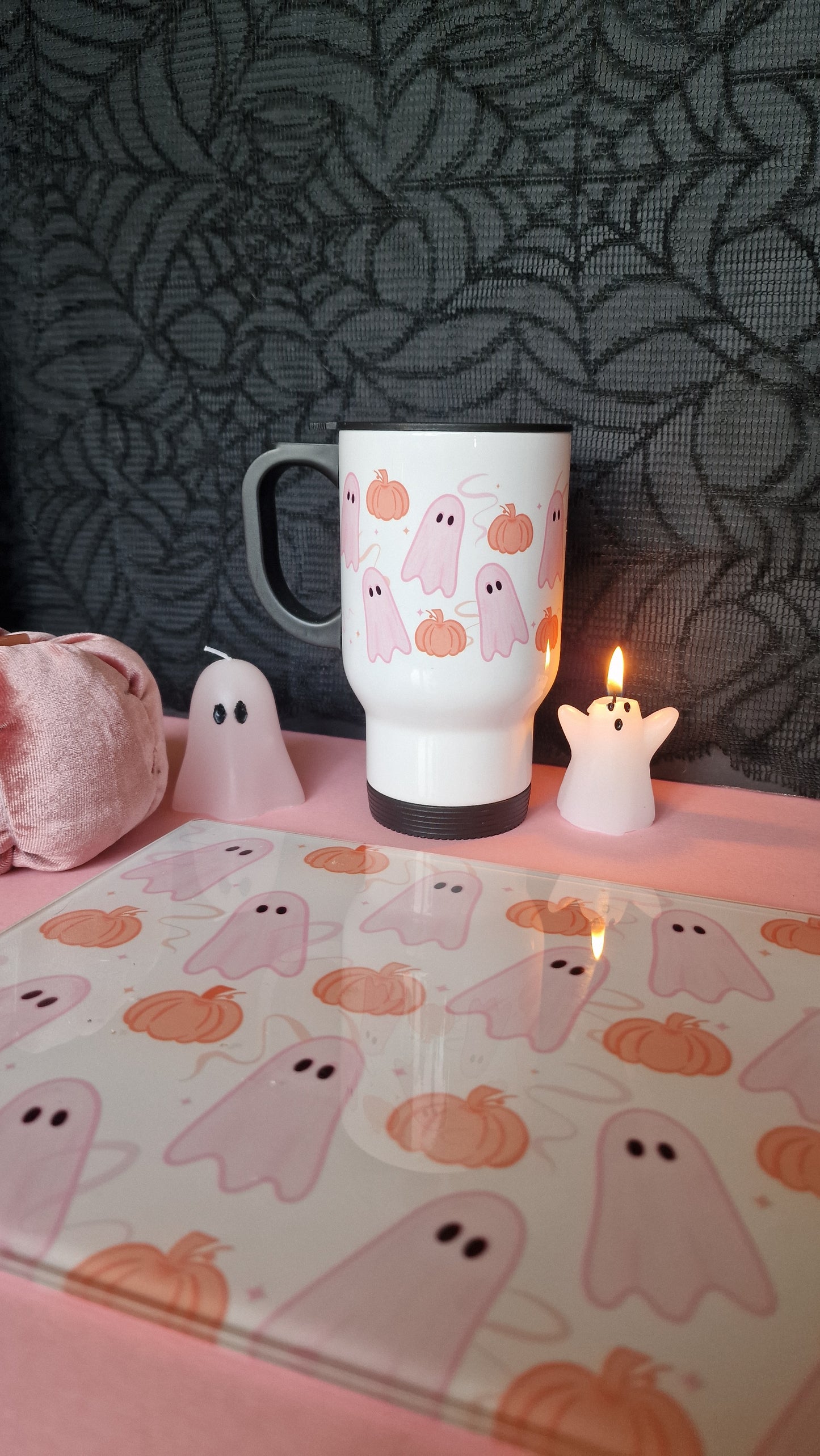 Pink Ghosties & Pumpkin Glass Chopping Board