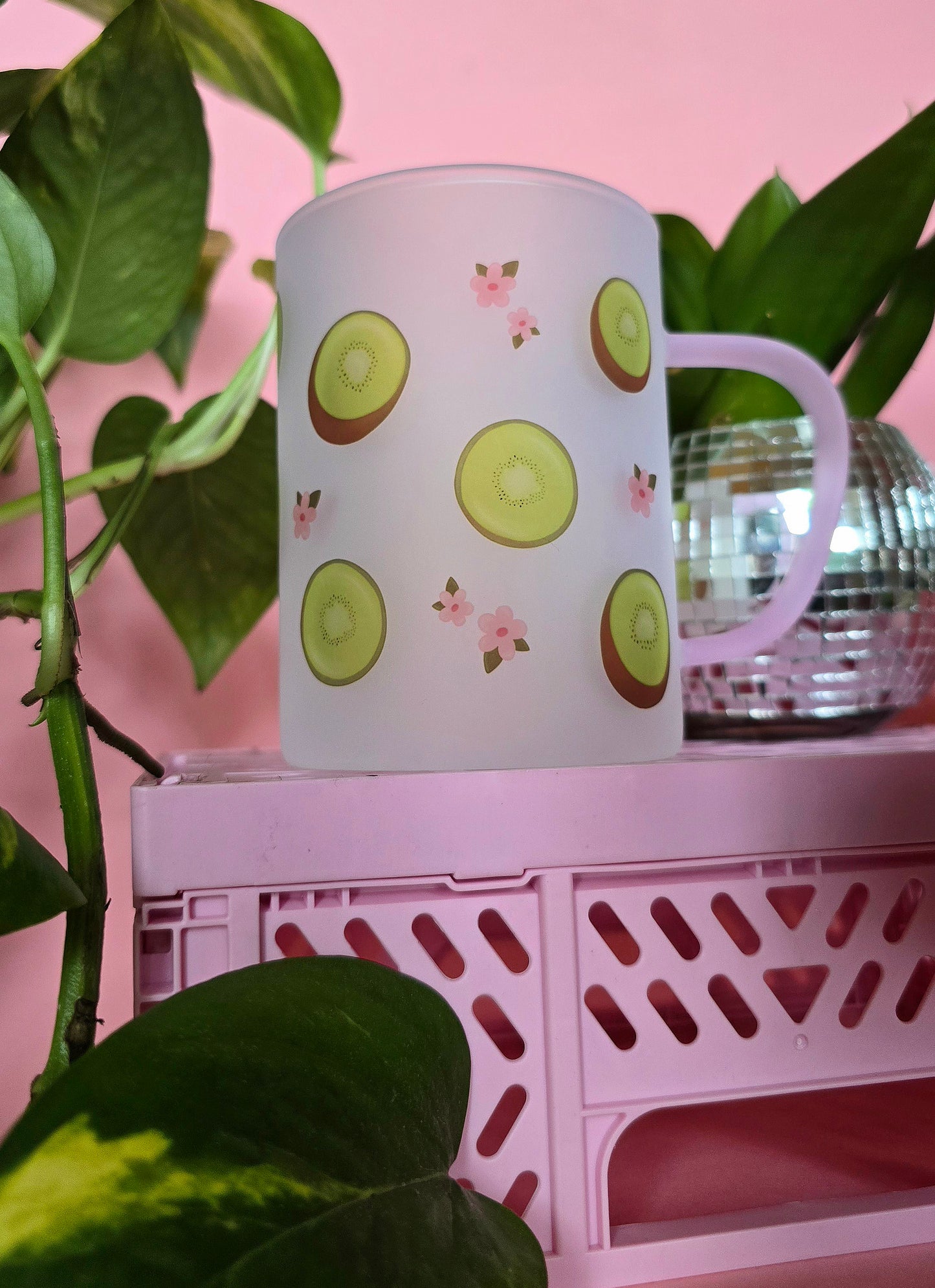 Kiwi & Flowers Cup Mug | Pink Handled Frosted Glass Mug