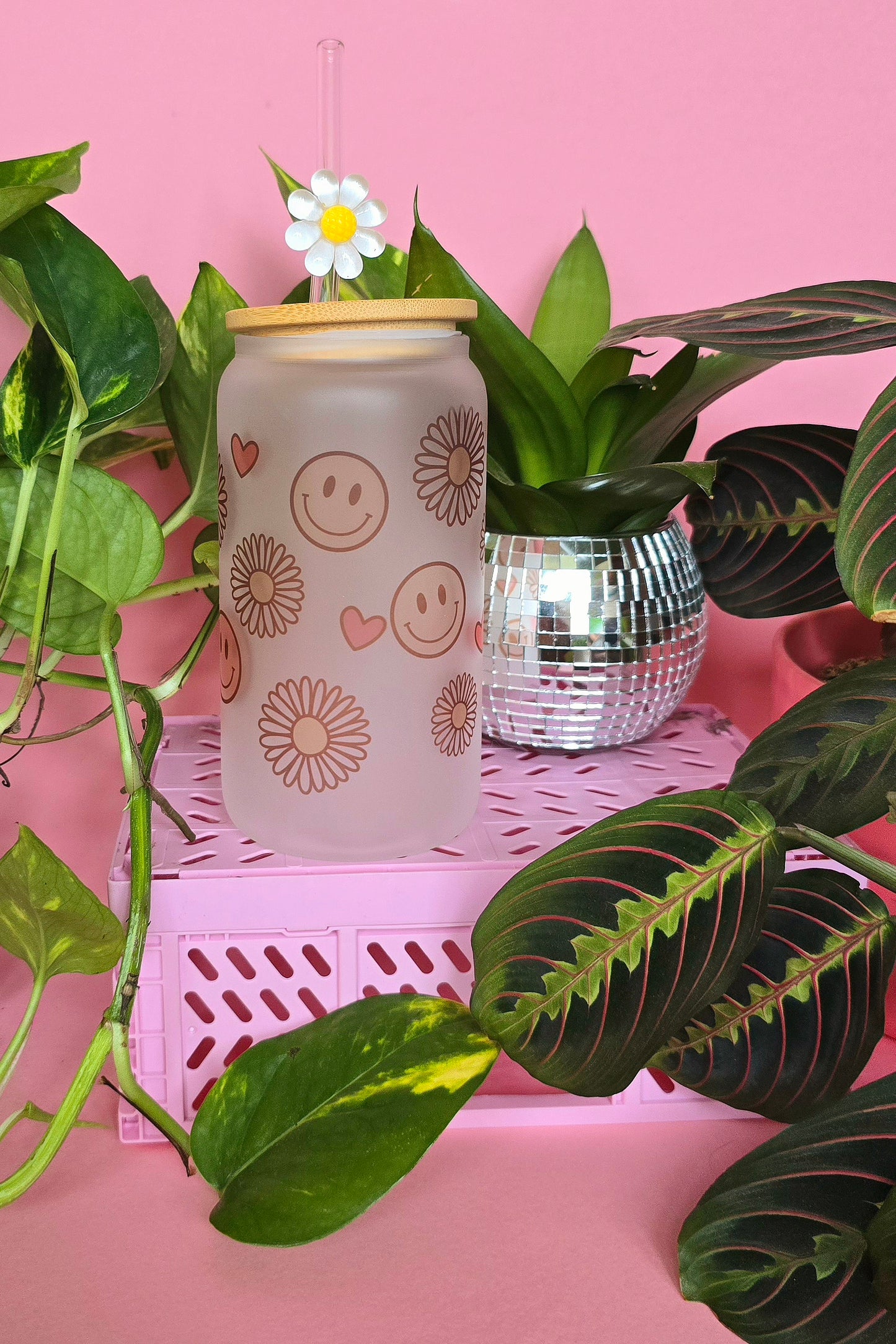 Smileys & Flowers | 16oz glass can tumbler