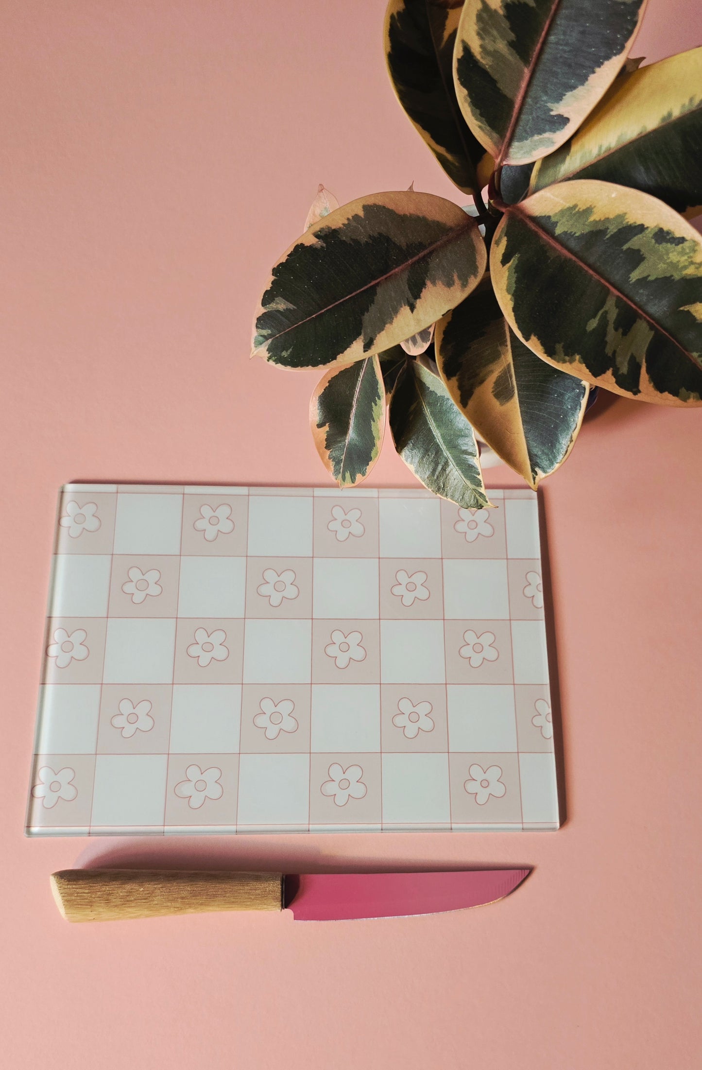 Pale Pink Flower Check Glass Chopping Board