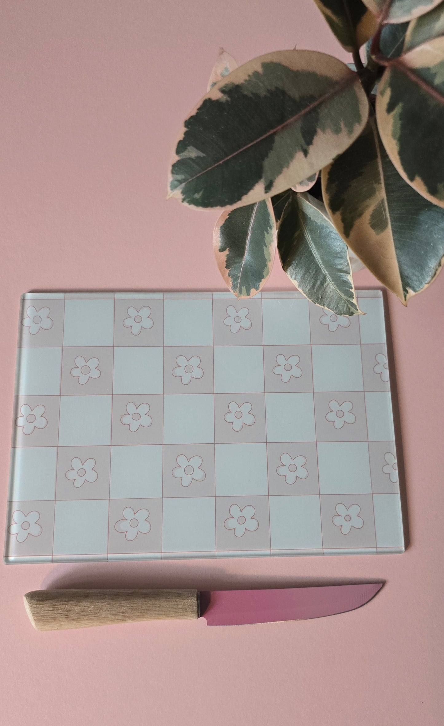 Pale Pink Flower Check Glass Chopping Board