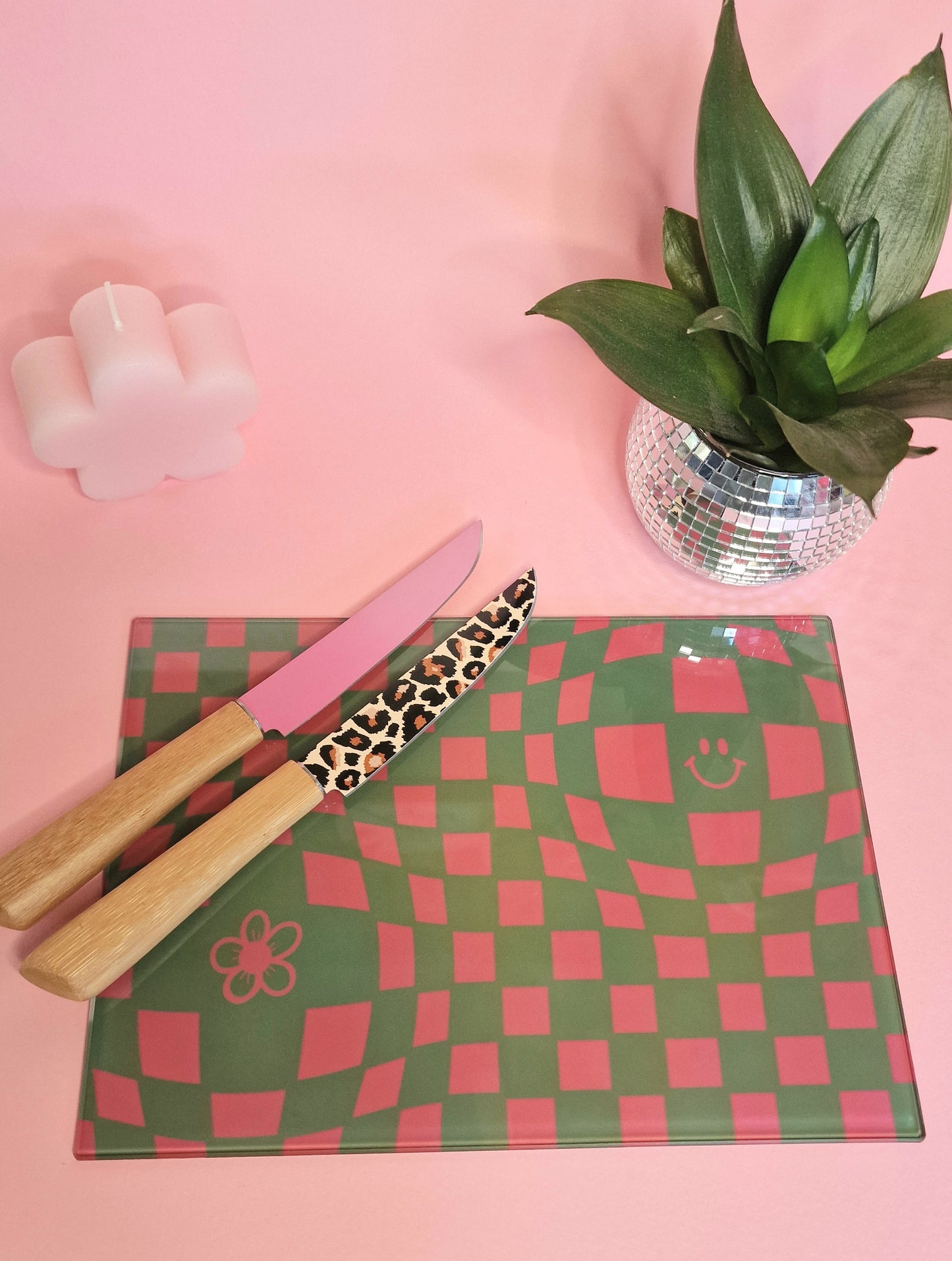 Pink & Green Funky Checkered Chopping Board