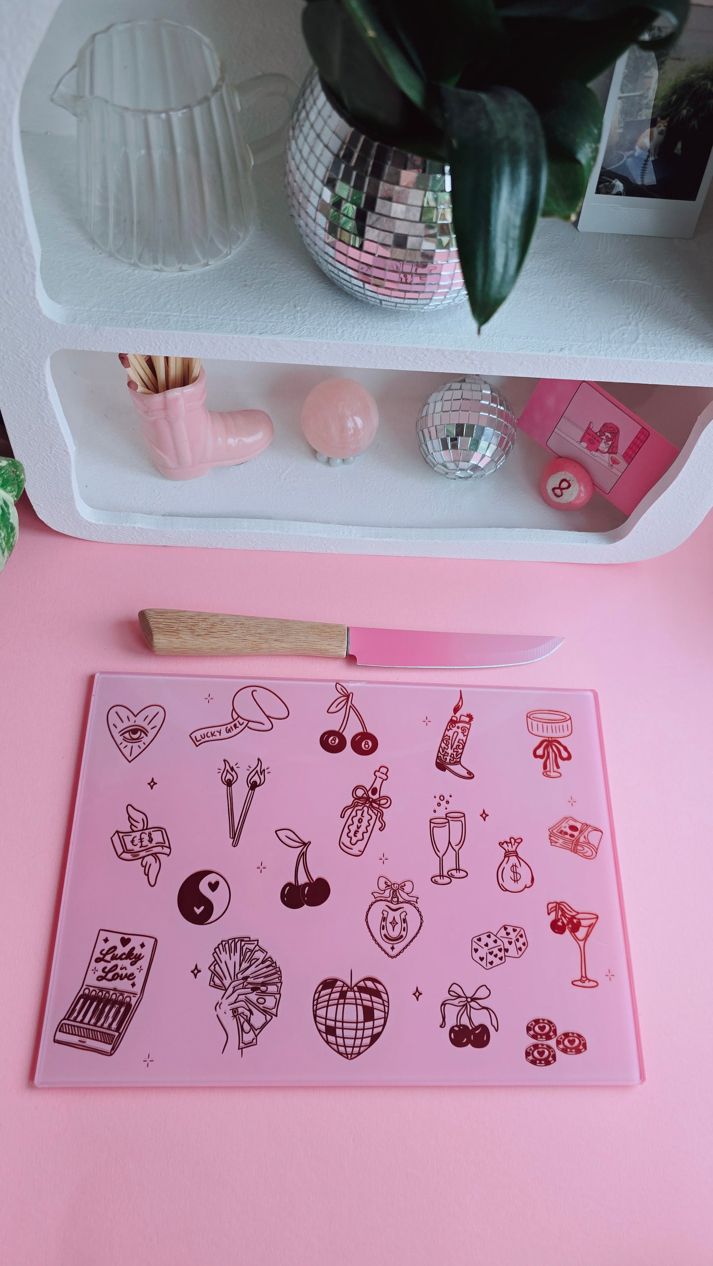 Lucky Girl Pink Glass Chopping Board