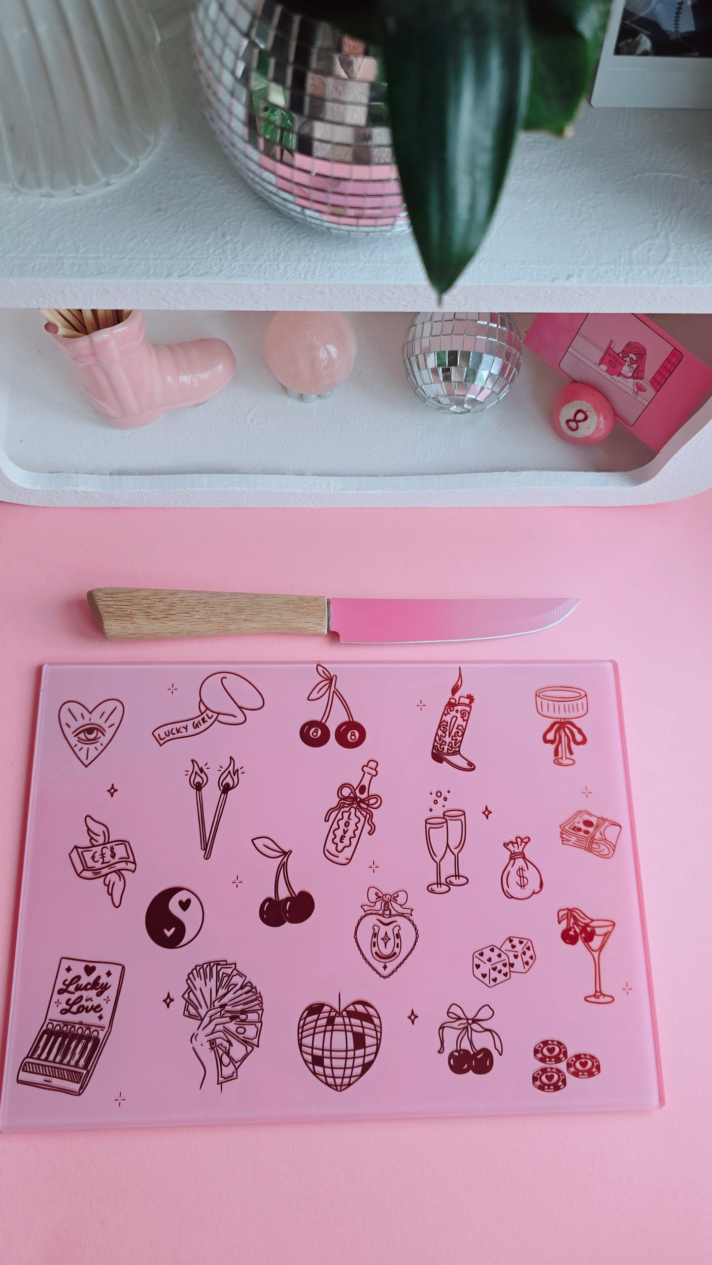 Lucky Girl Pink Glass Chopping Board