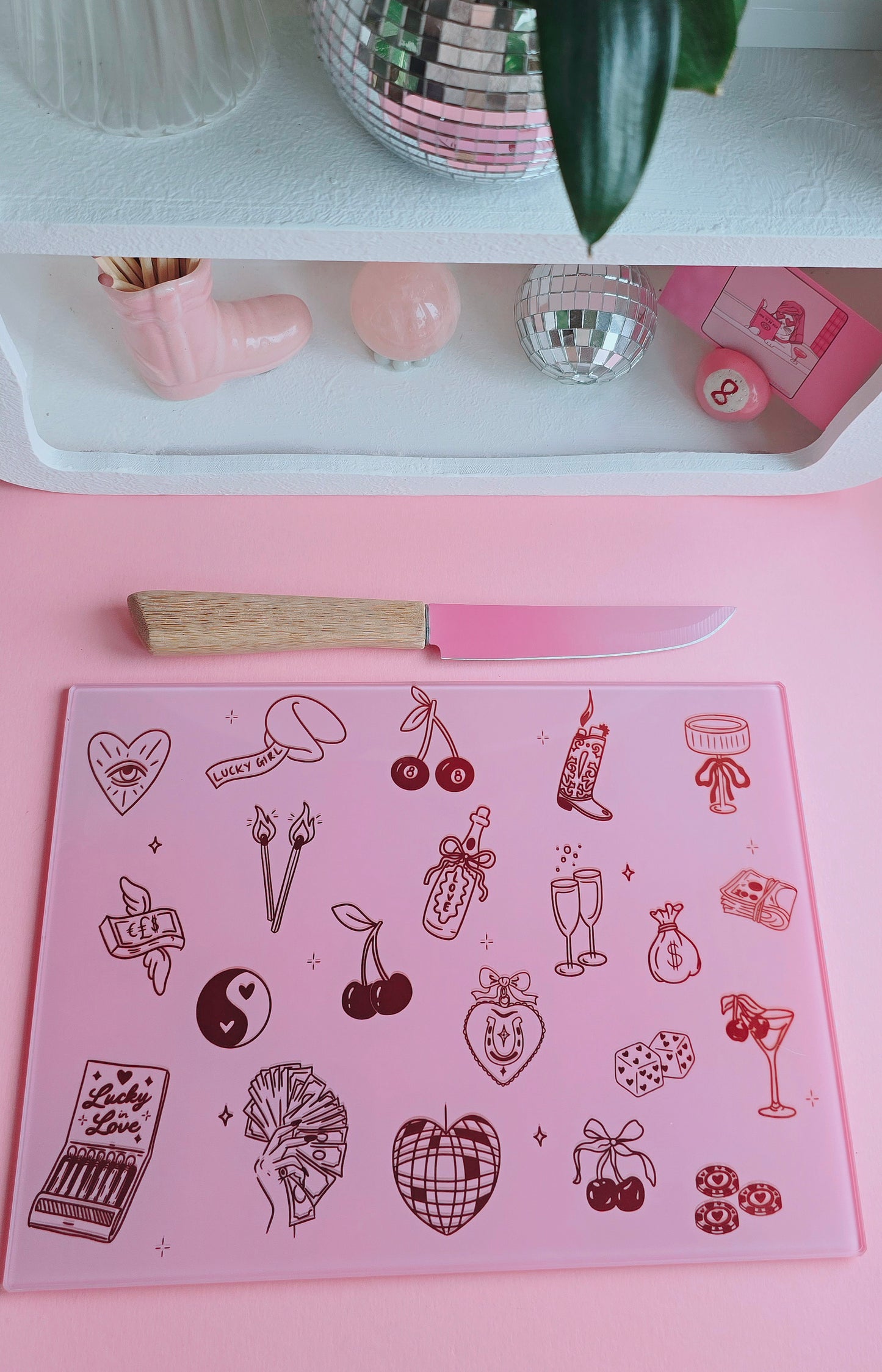 Lucky Girl Pink Glass Chopping Board