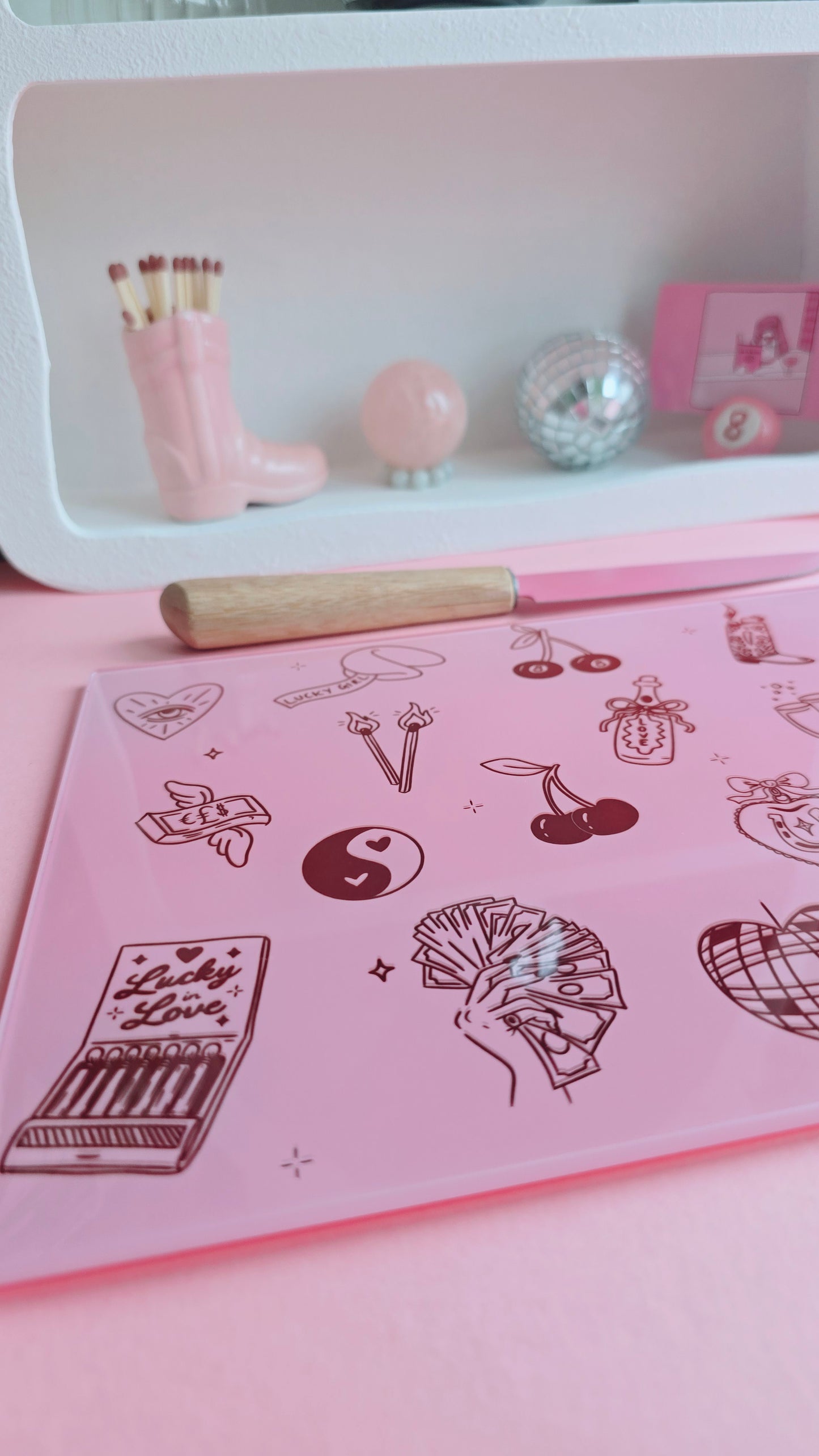 Lucky Girl Pink Glass Chopping Board