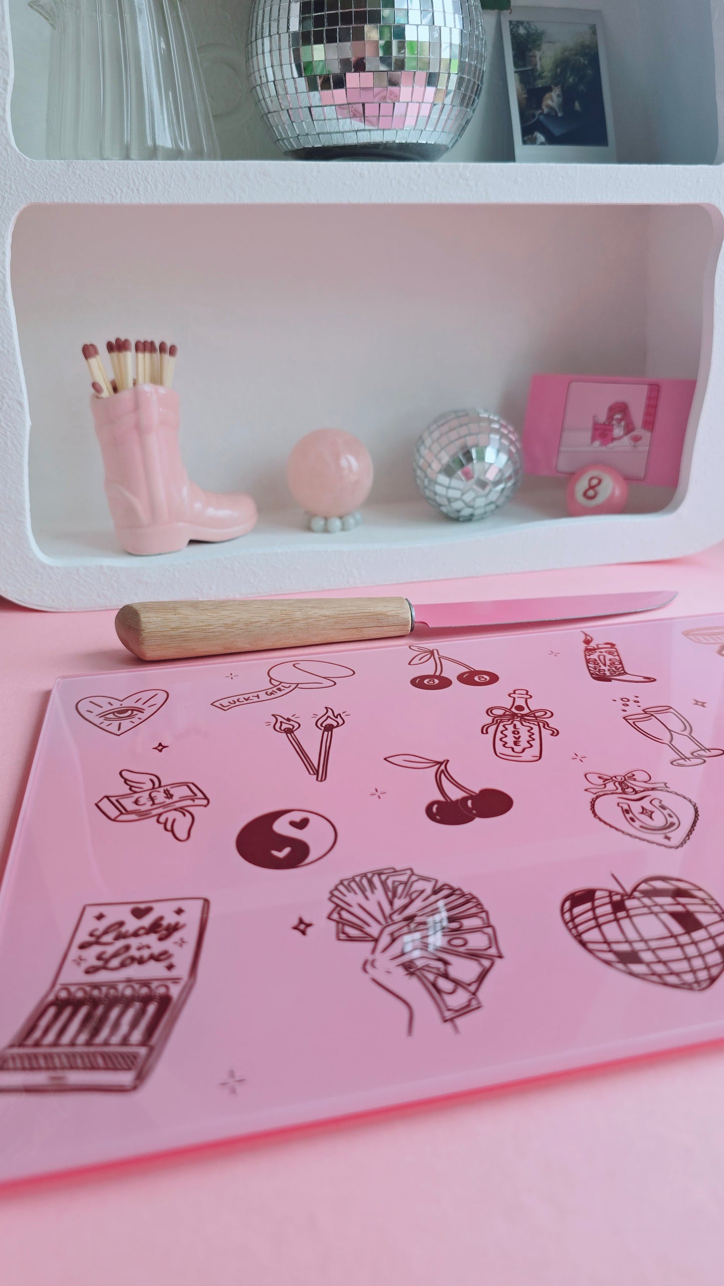 Lucky Girl Pink Glass Chopping Board