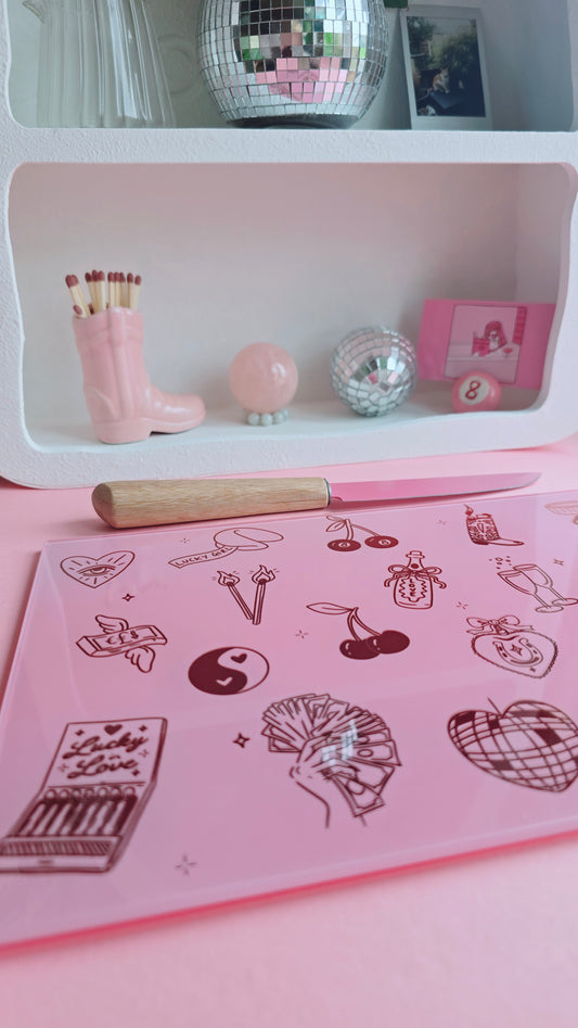 Lucky Girl Pink Glass Chopping Board