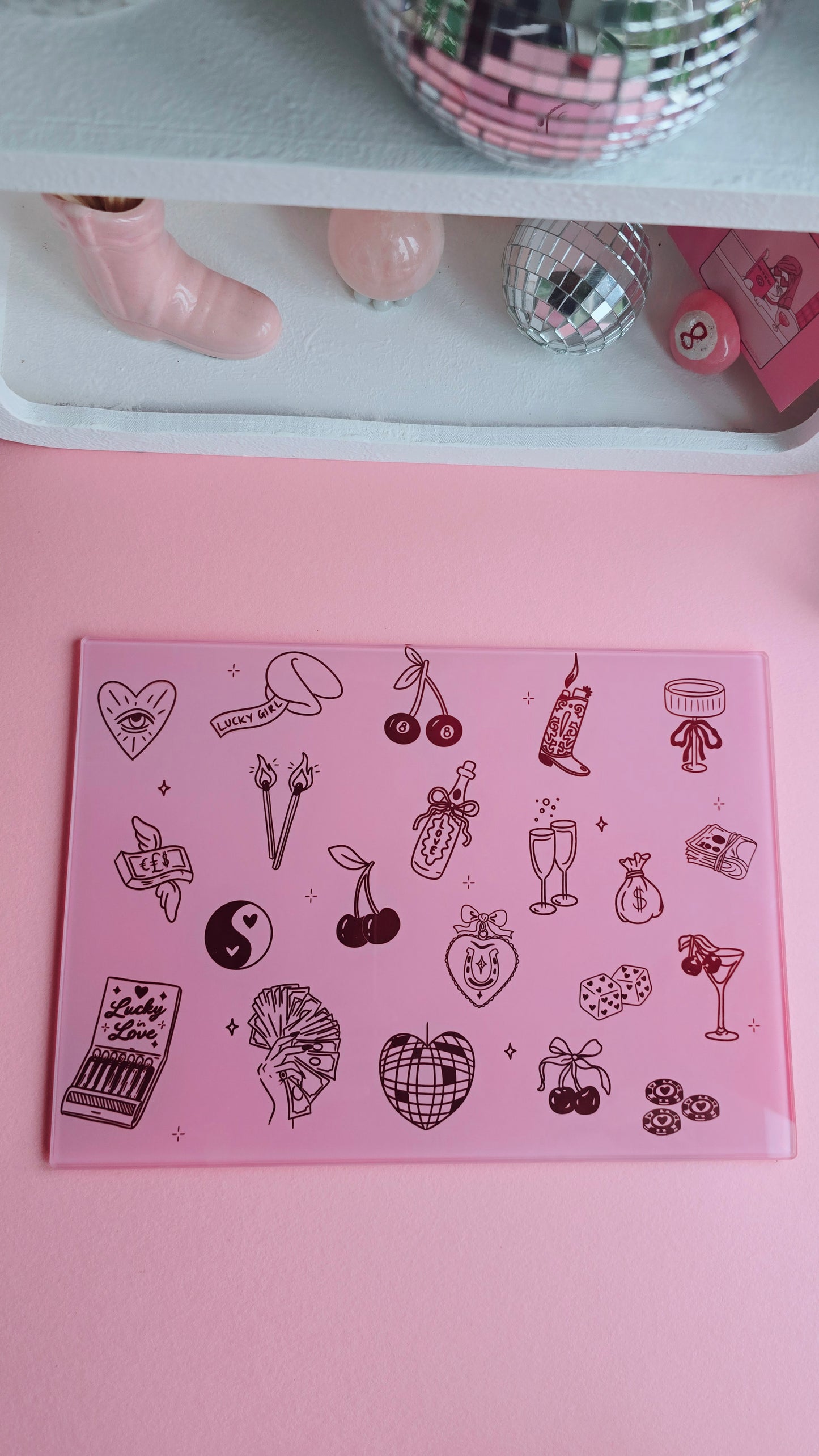 Lucky Girl Pink Glass Chopping Board