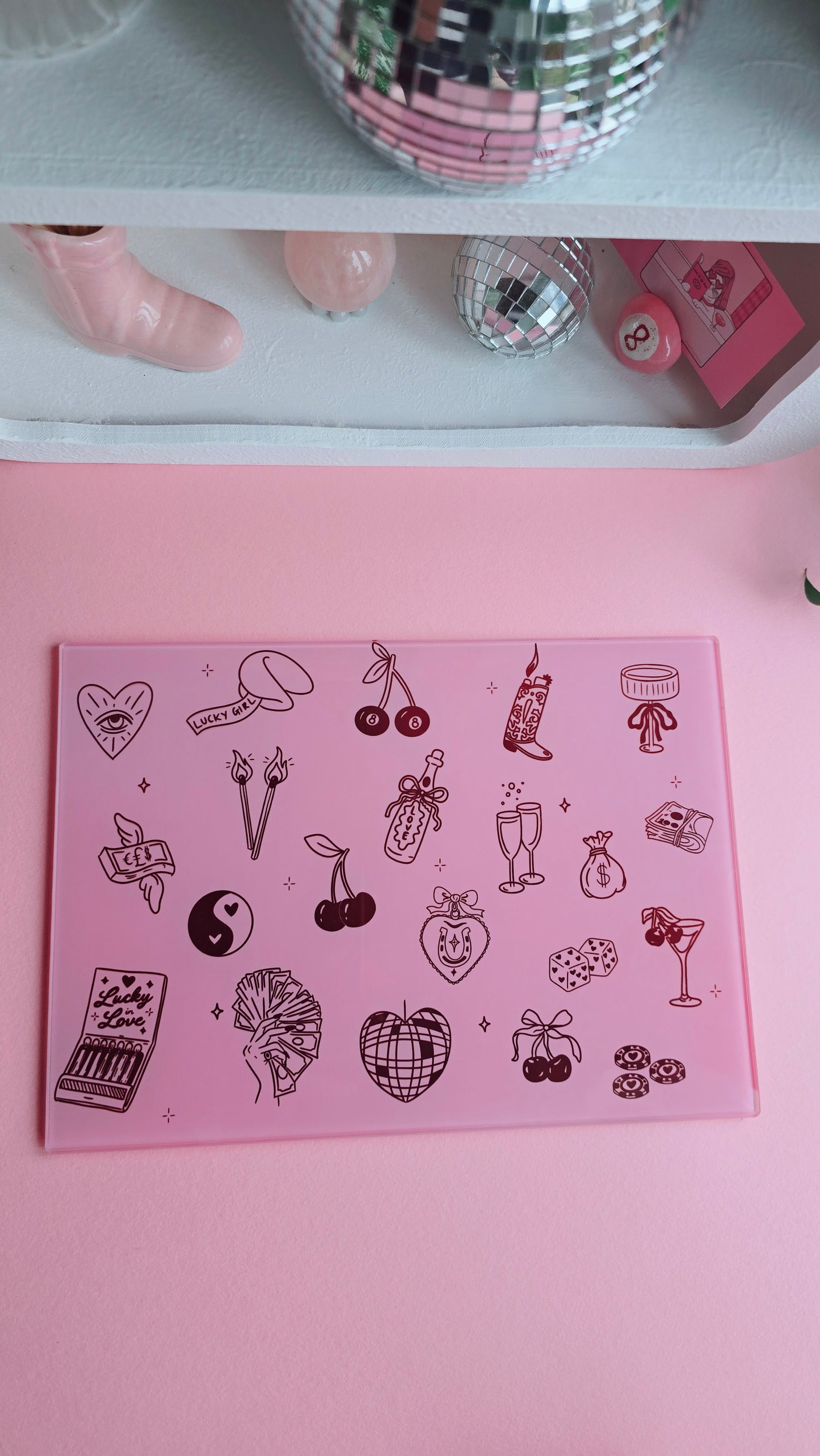 Lucky Girl Pink Glass Chopping Board