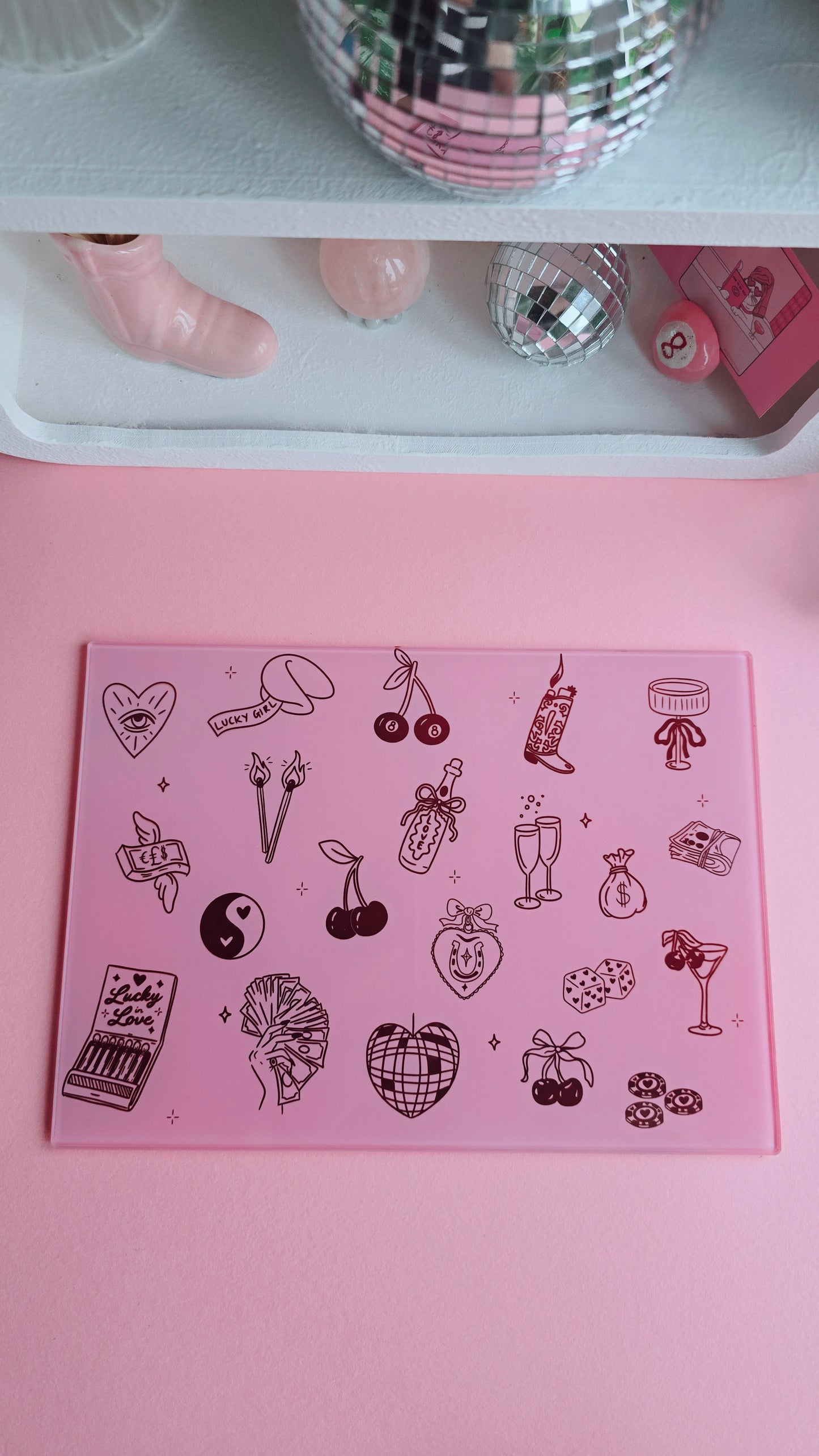 Lucky Girl Pink Glass Chopping Board