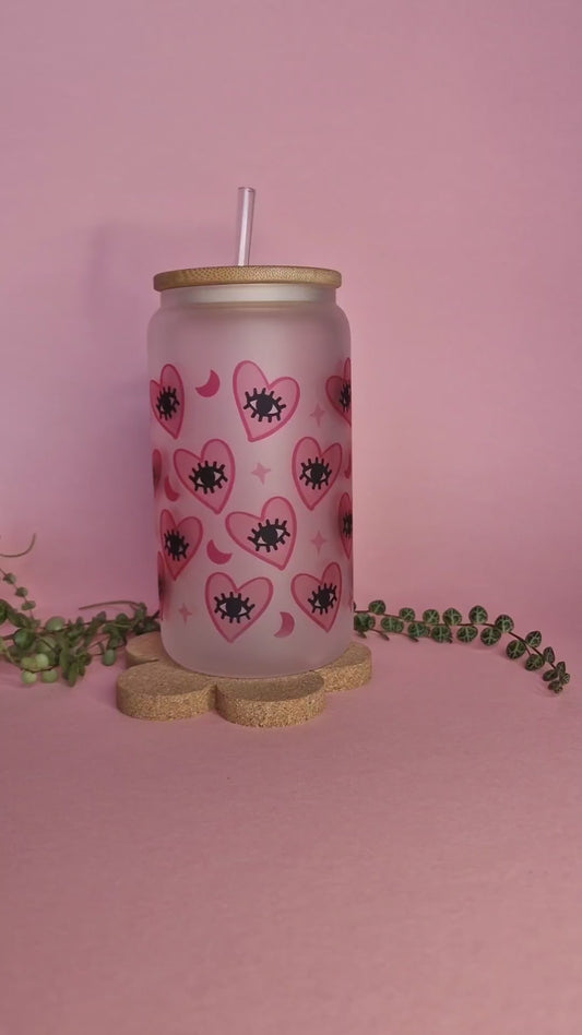 Pink Heart Evil Eye Love Protection | Glass Can Tumbler