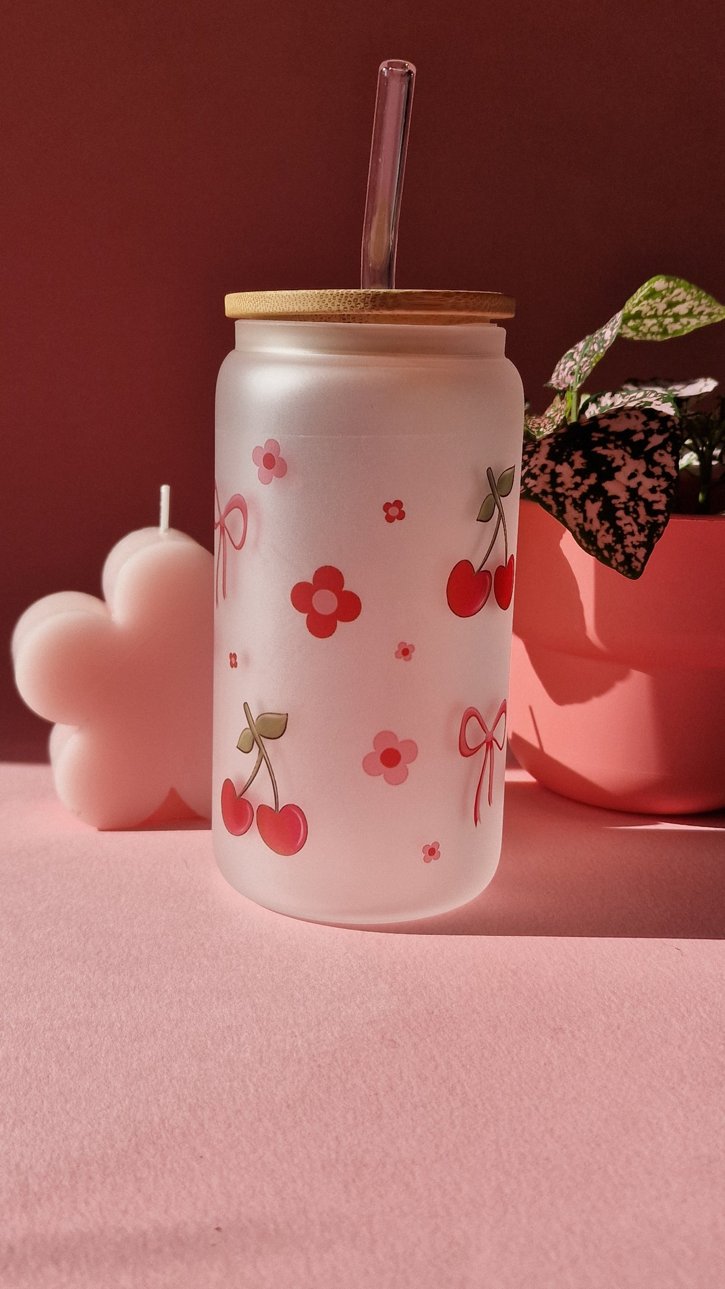 Cute Cherry Coquette Aesthetic Bows Glass Tumbler