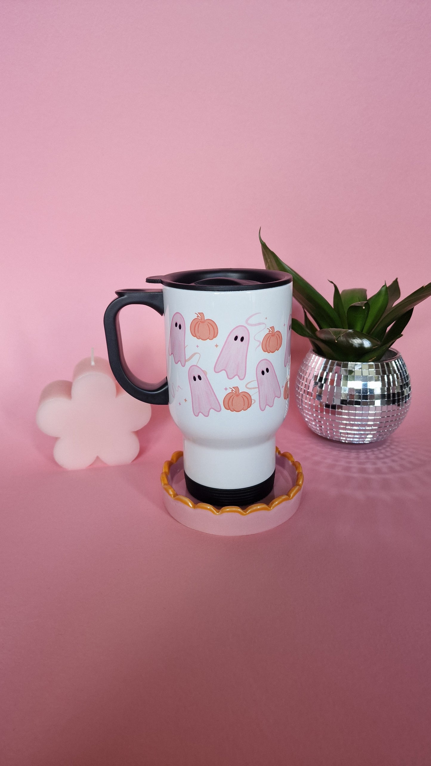 Pink Ghosties & Pumpkins Travel Mug