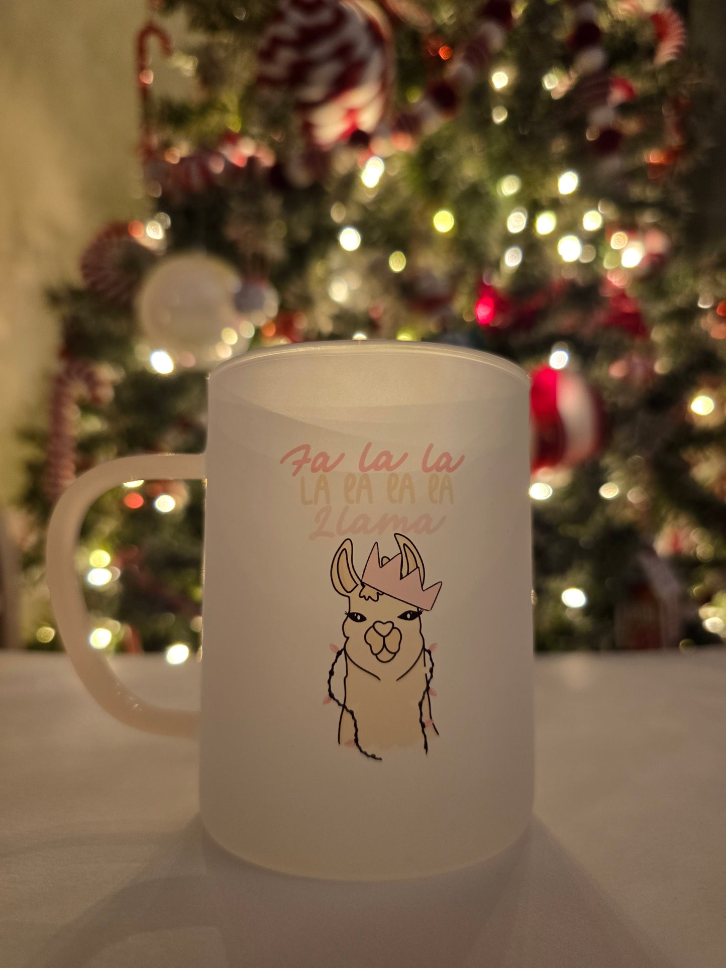 Fa La La Llama Christmas Mug | Pink Handled Frosted Glass Mug